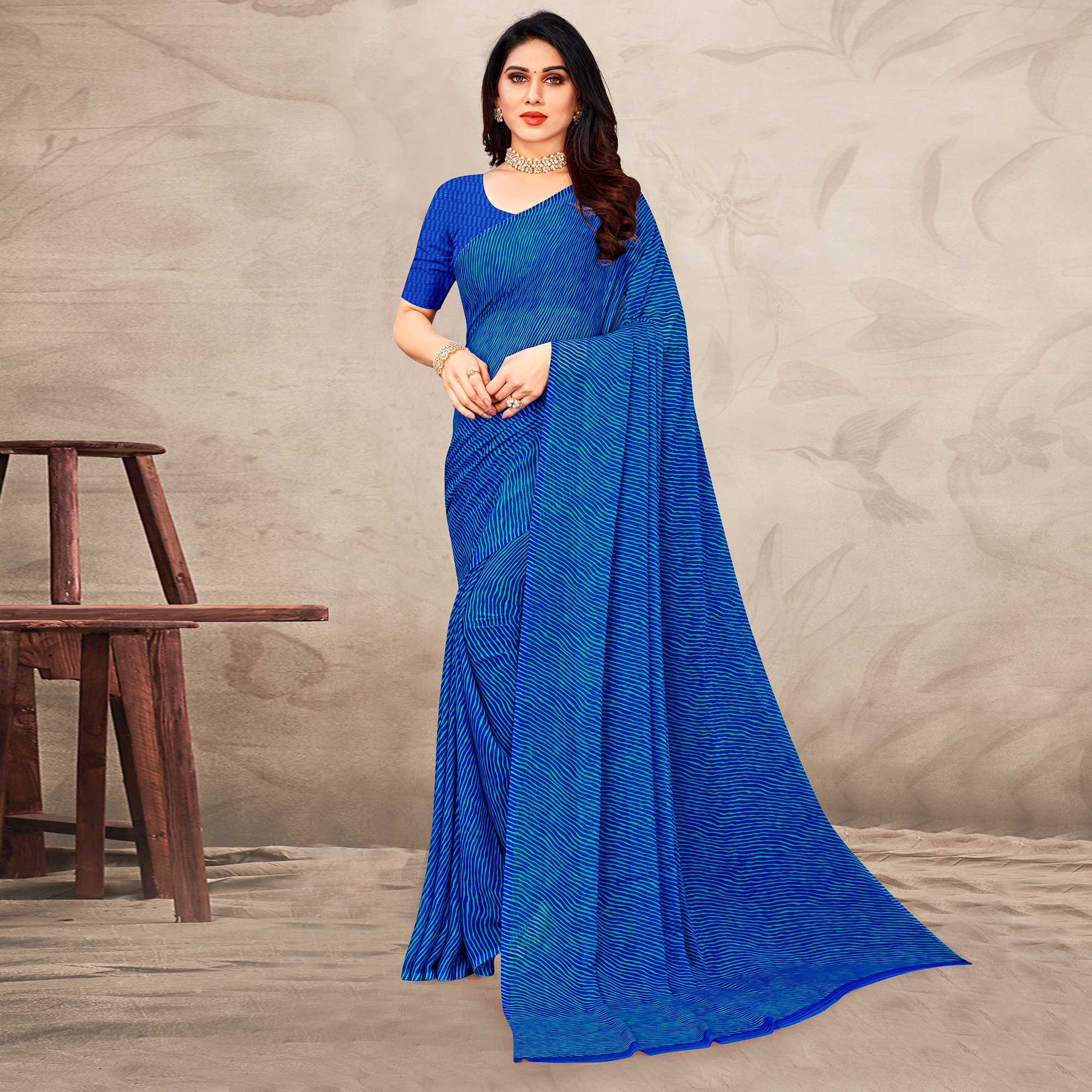 Blue Printed Chiffon Saree
