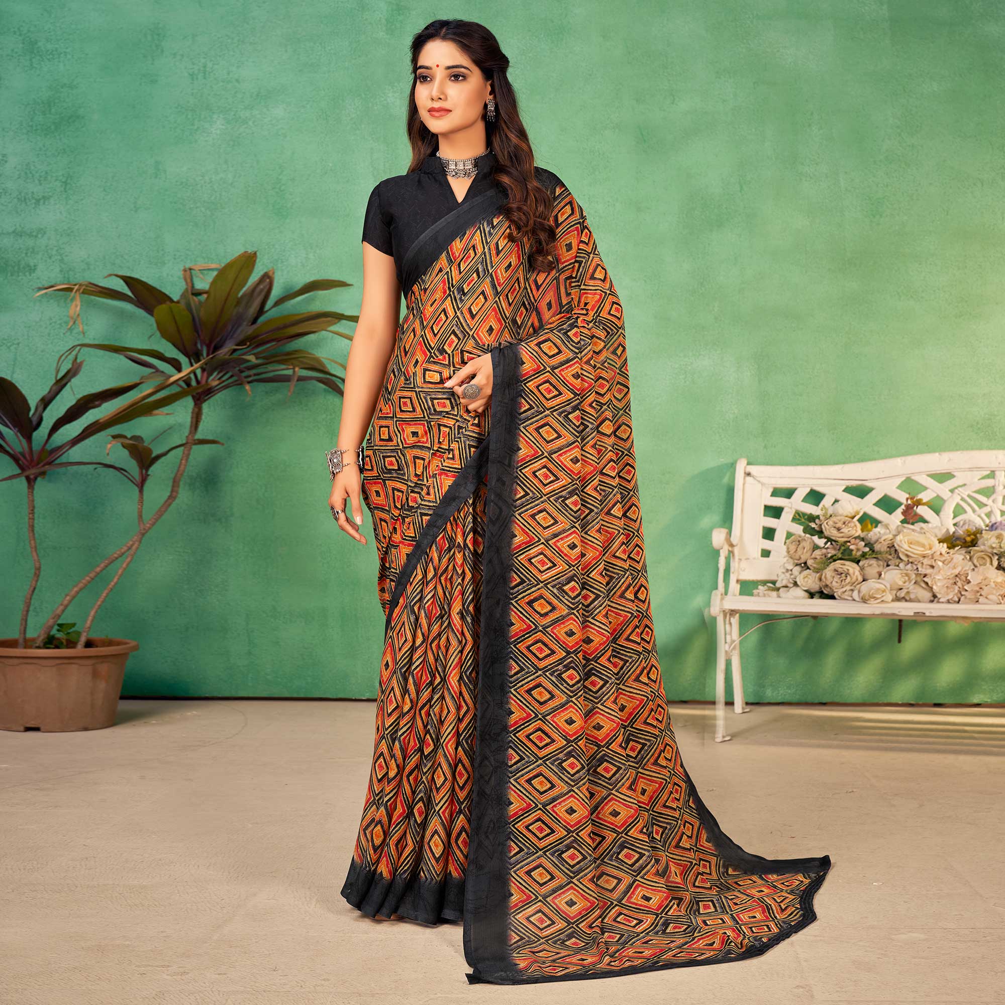 Multicolor Geometric Printed Chiffon Saree