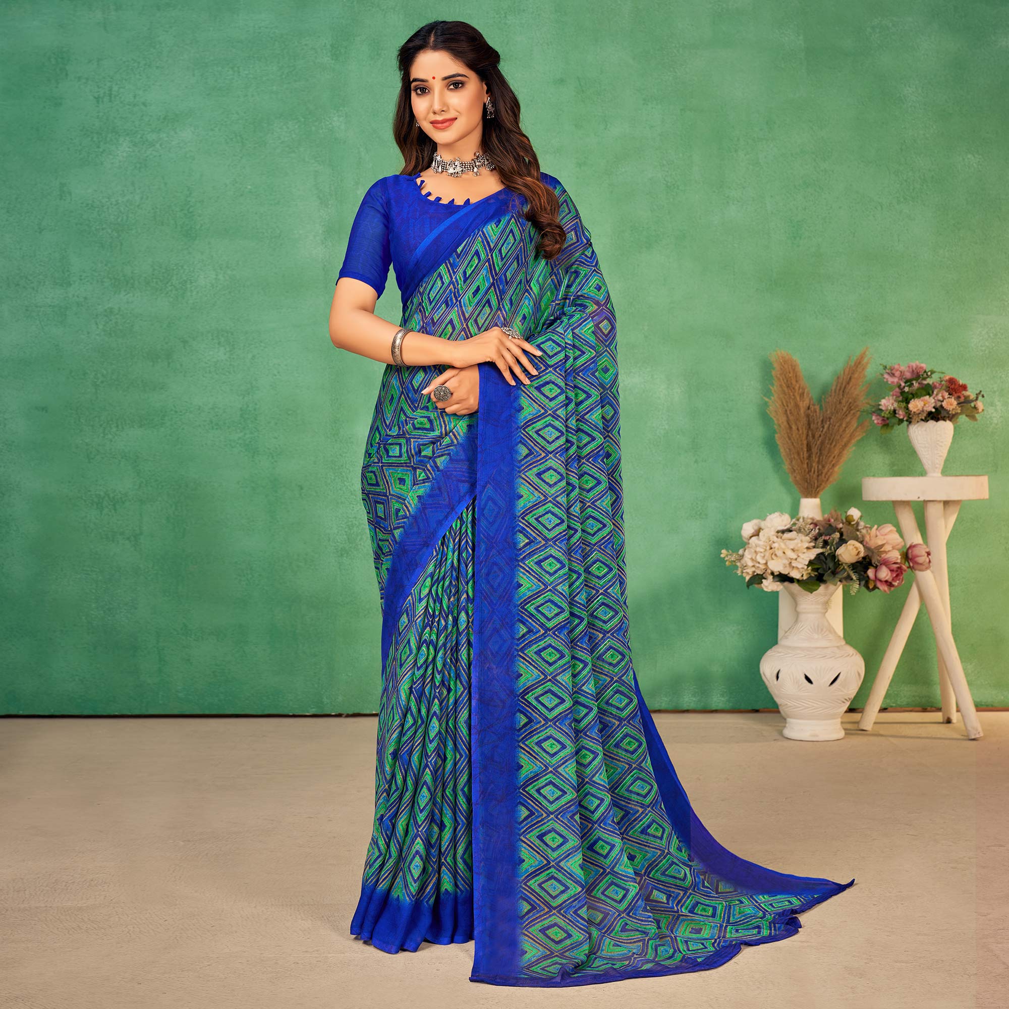 Royal Blue Geometric Printed Chiffon Saree