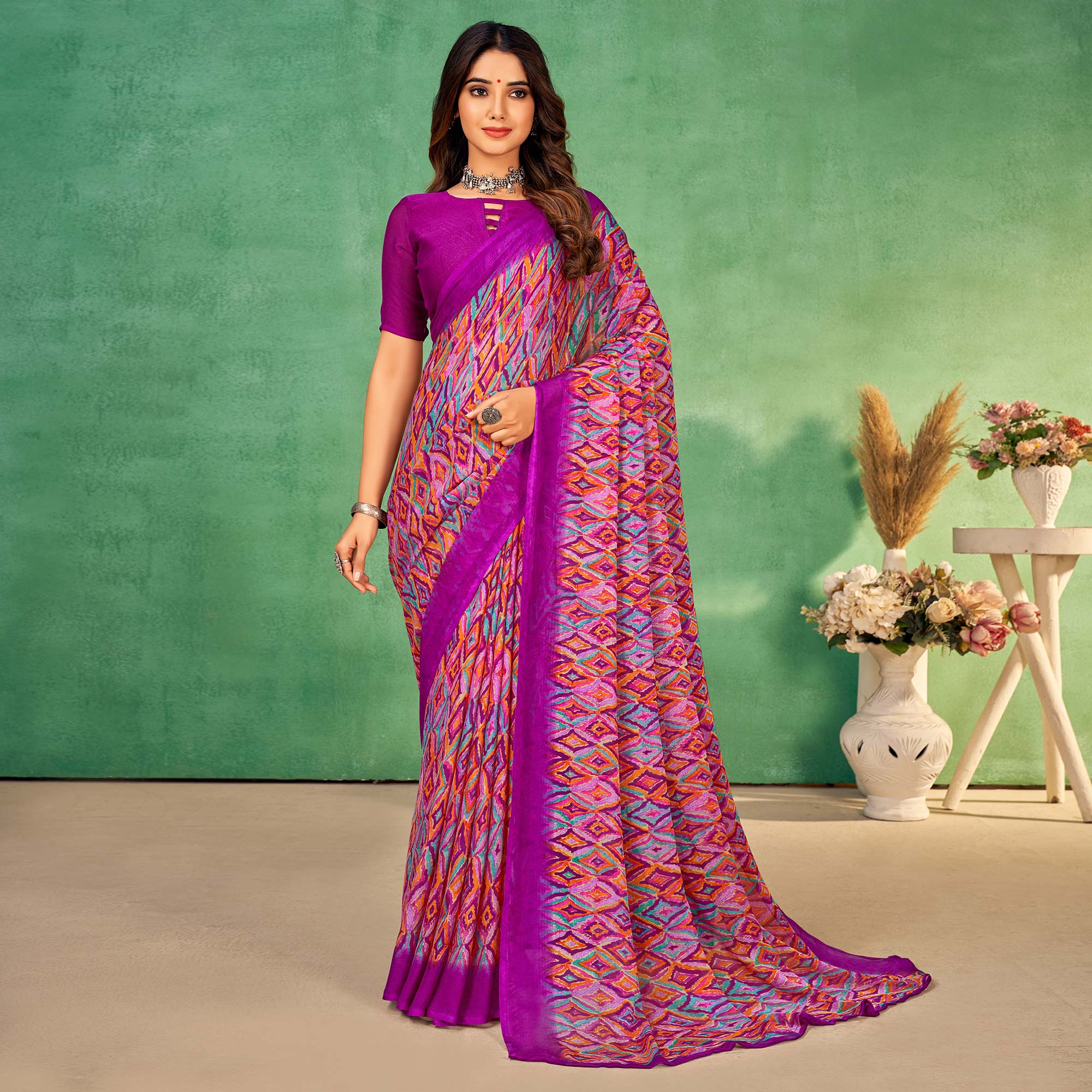 Purple Printed Chiffon Saree