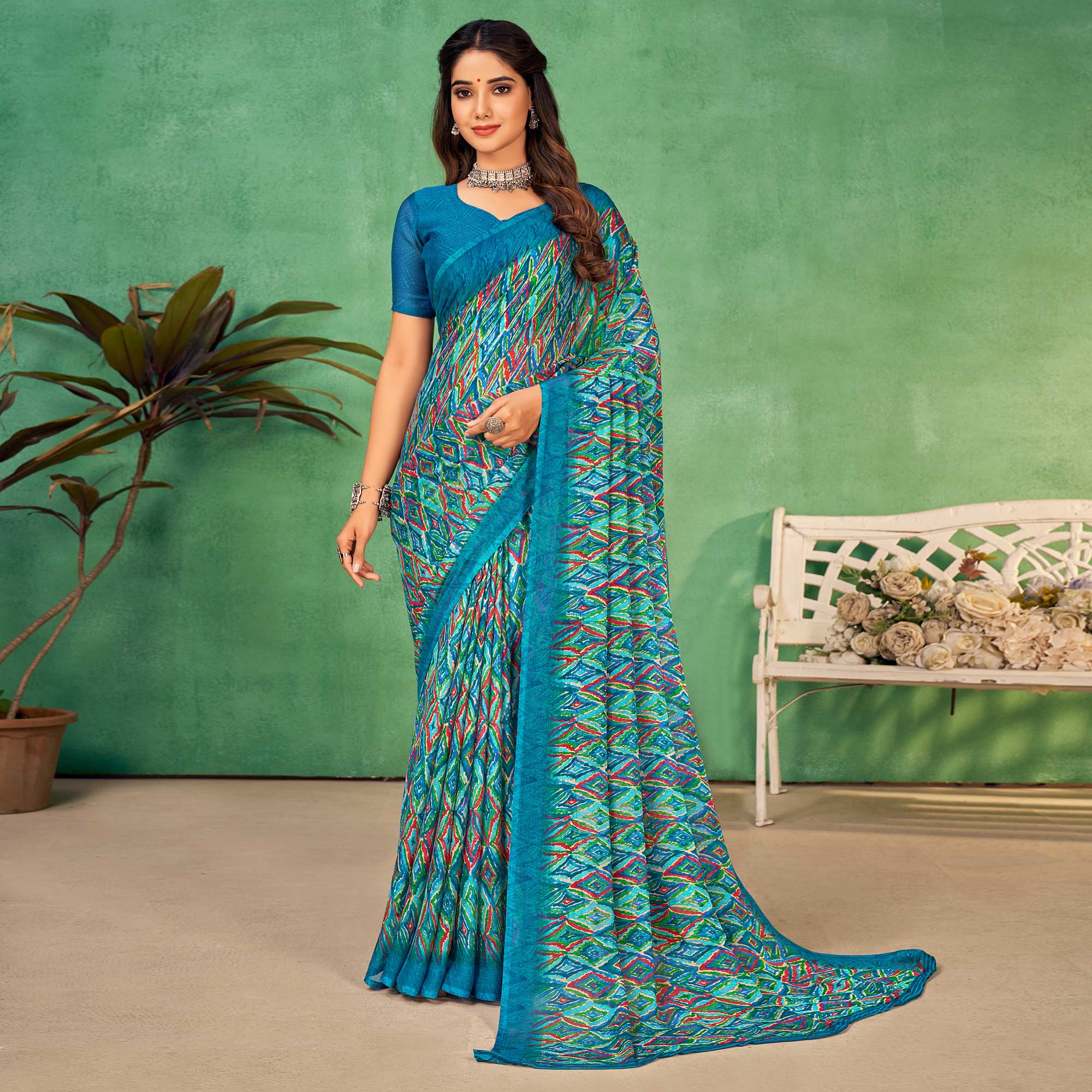 Blue Printed Chiffon Saree