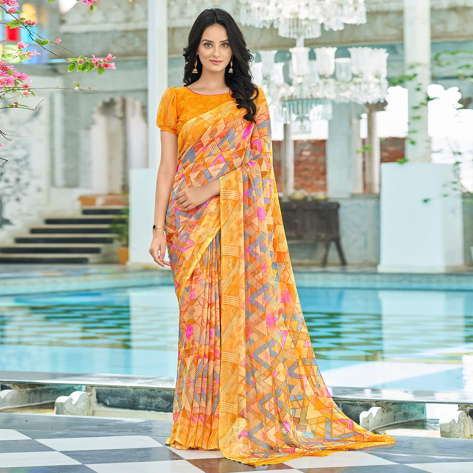 Mustard Geometric Printed Chiffon Saree