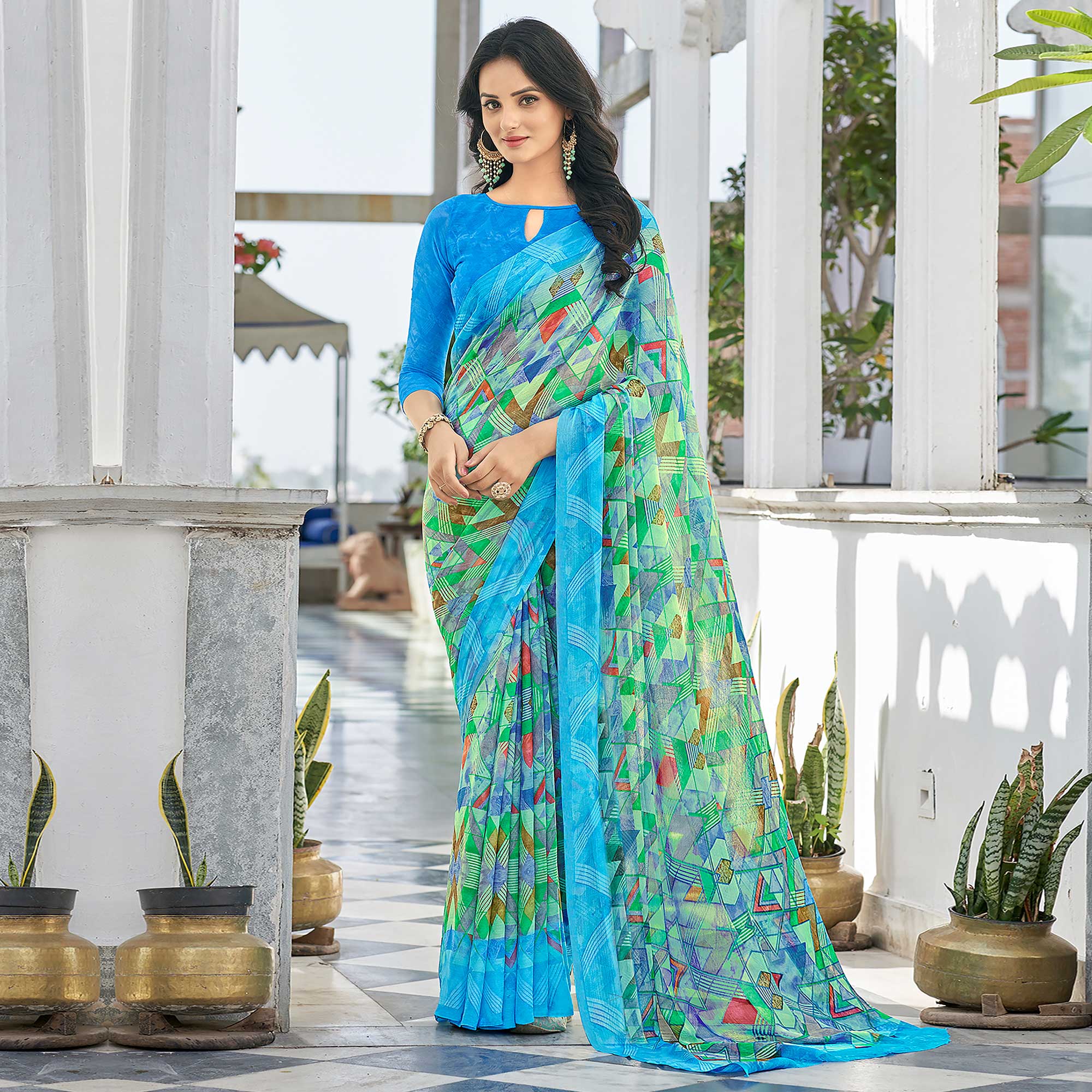 Blue Geometric Printed Chiffon Saree