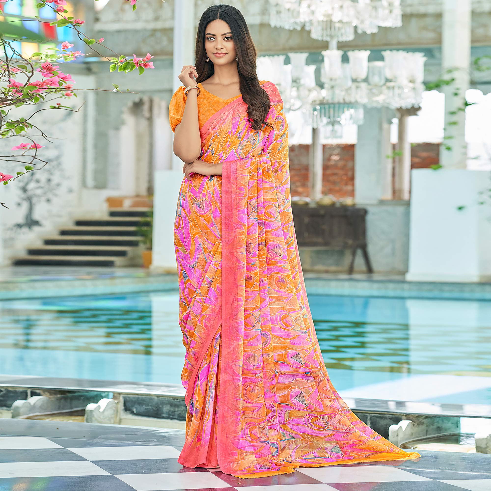 Pink & Orange Geometric Printed Chiffon Saree