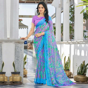 Blue & Lavender  Geometric Printed Chiffon Saree
