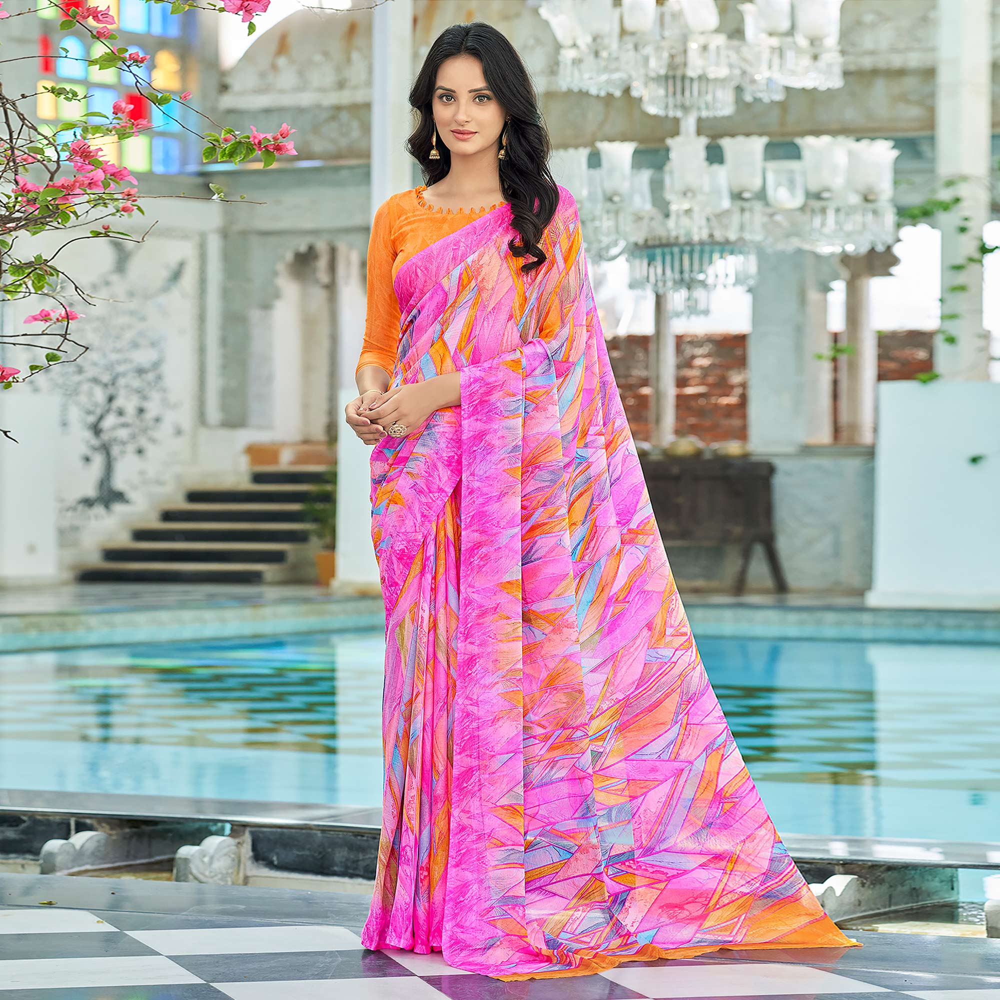 Pink Geometric Printed Chiffon Saree