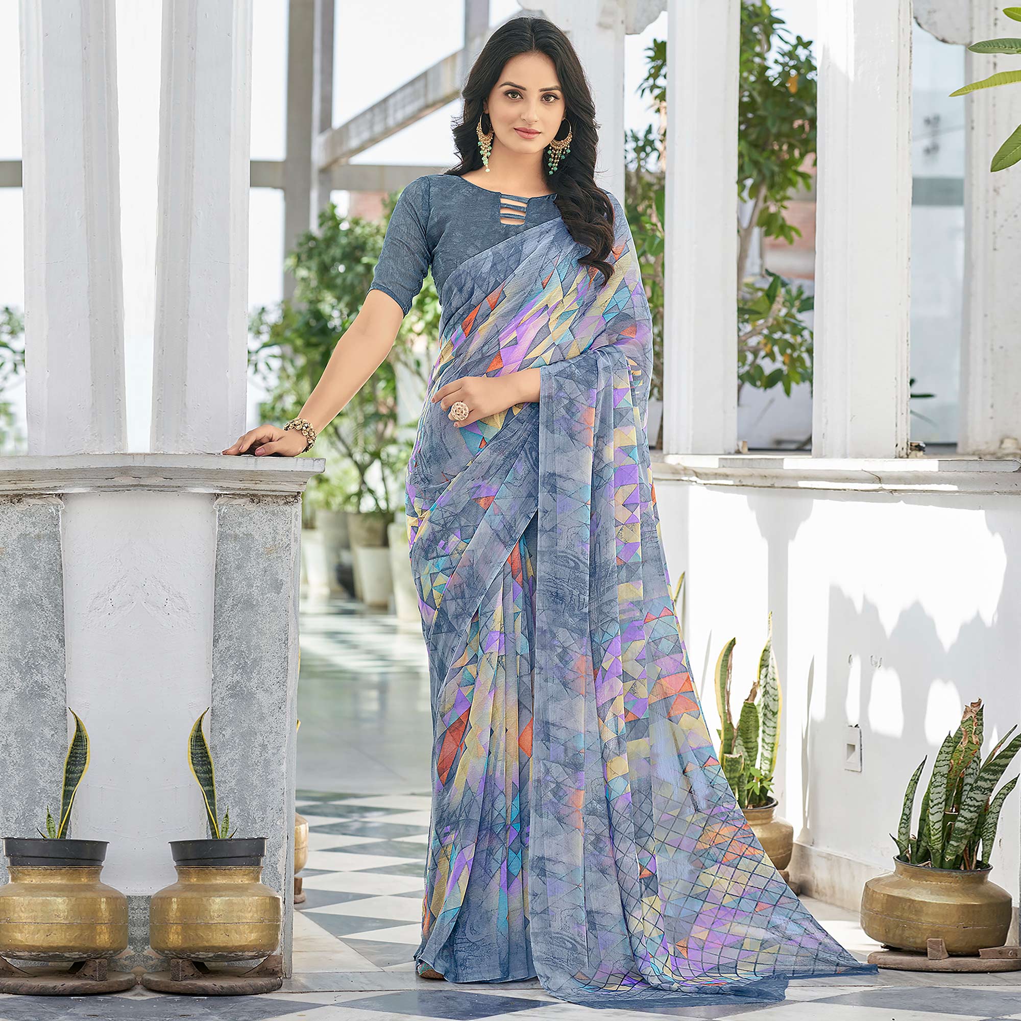 Grey Geometric Printed Chiffon Saree