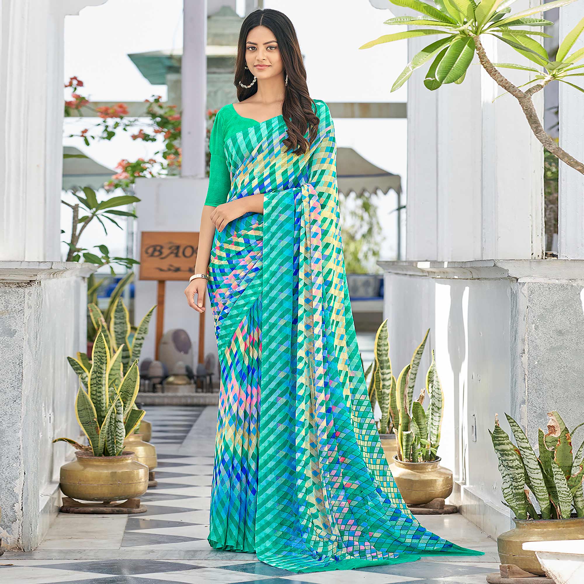 Turquoise Checks Printed Chiffon Saree