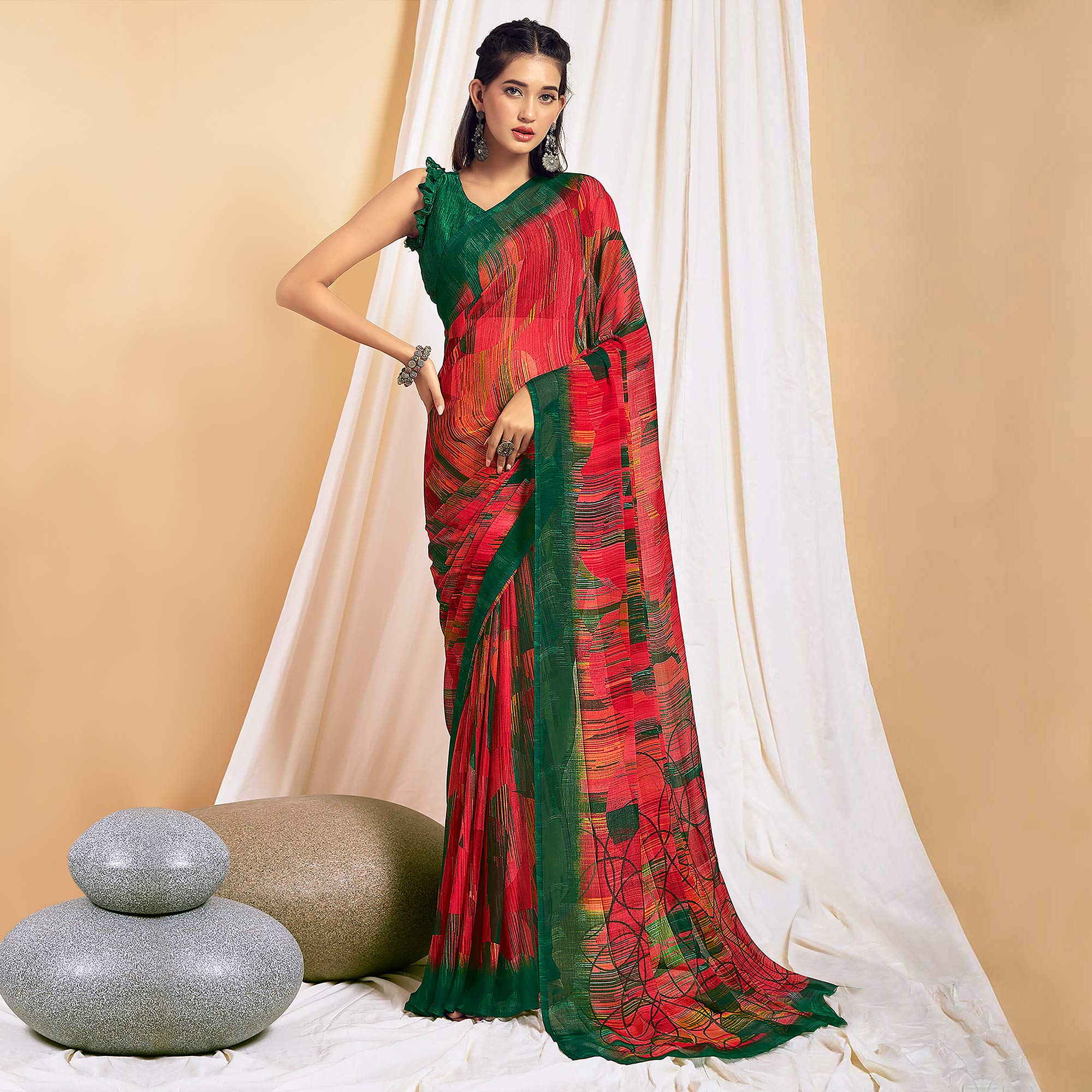 Pink & Green Printed Chiffon Saree