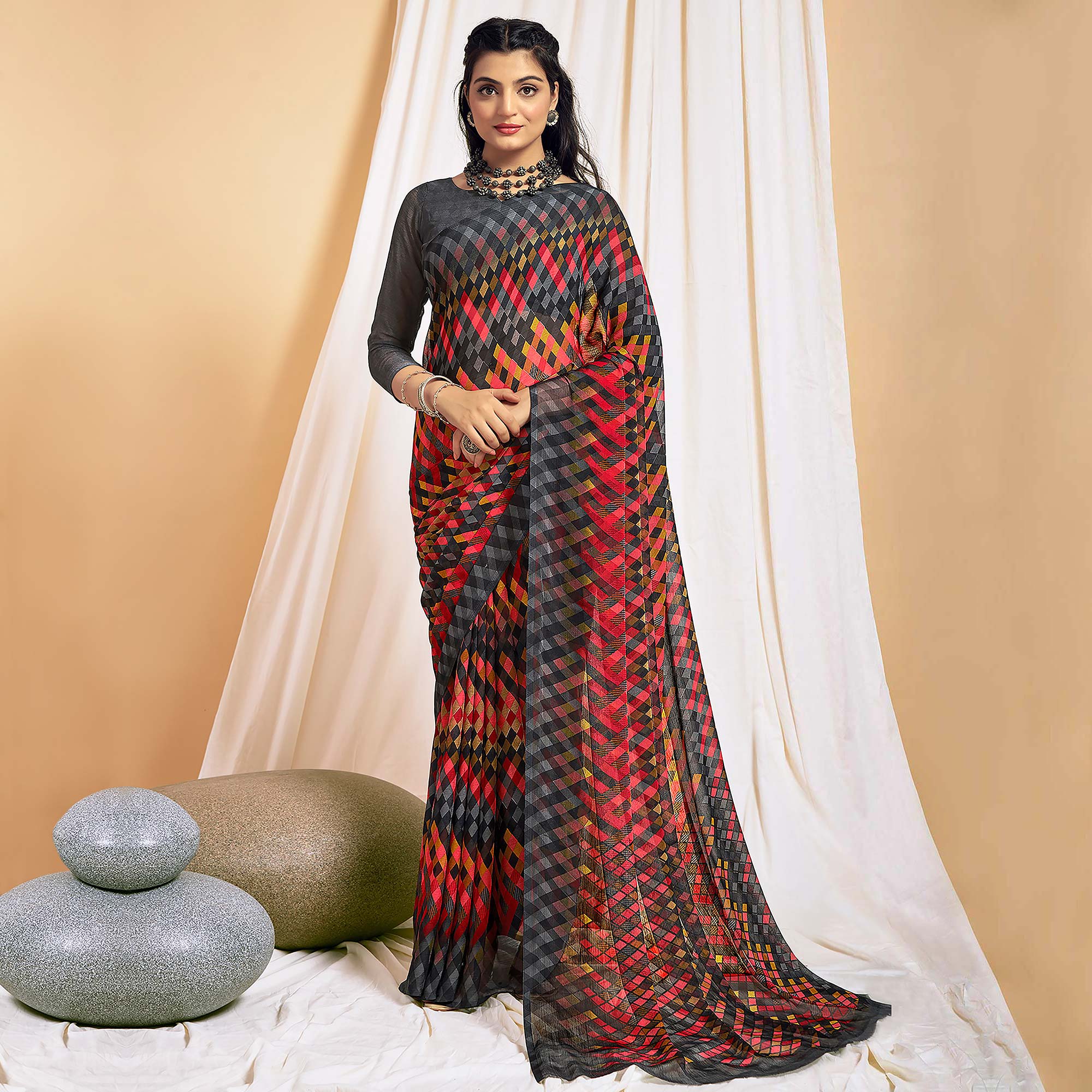 Grey Printed Chiffon Saree