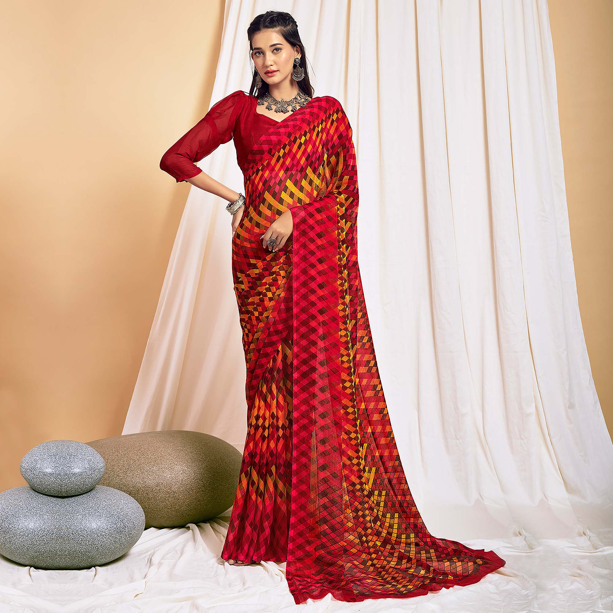 Red Printed Chiffon Saree