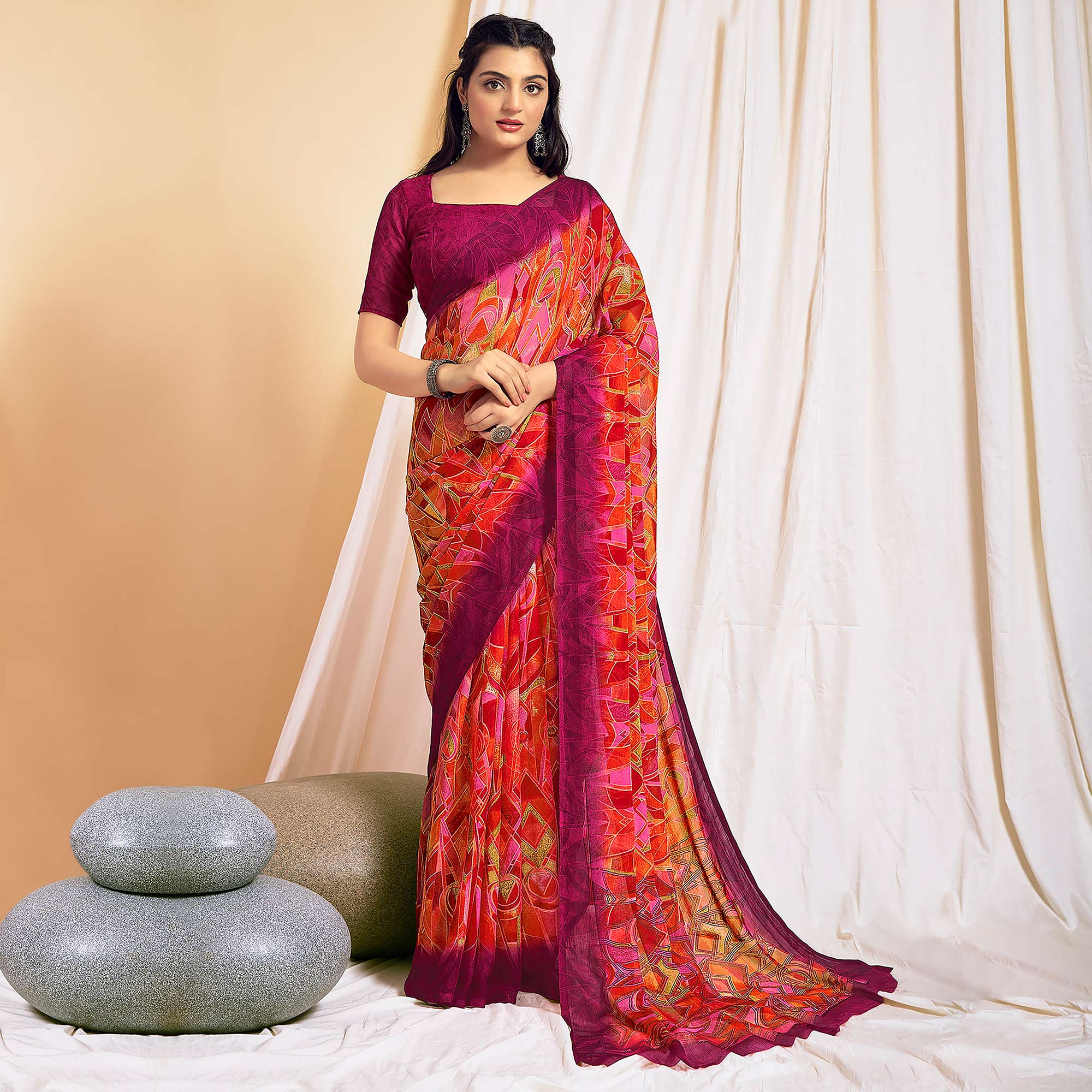 Orange Printed Chiffon Saree