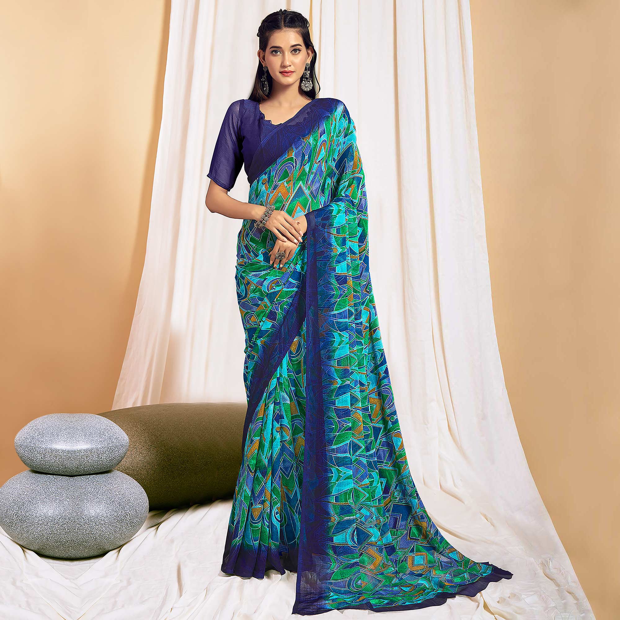 Blue Printed Chiffon Saree