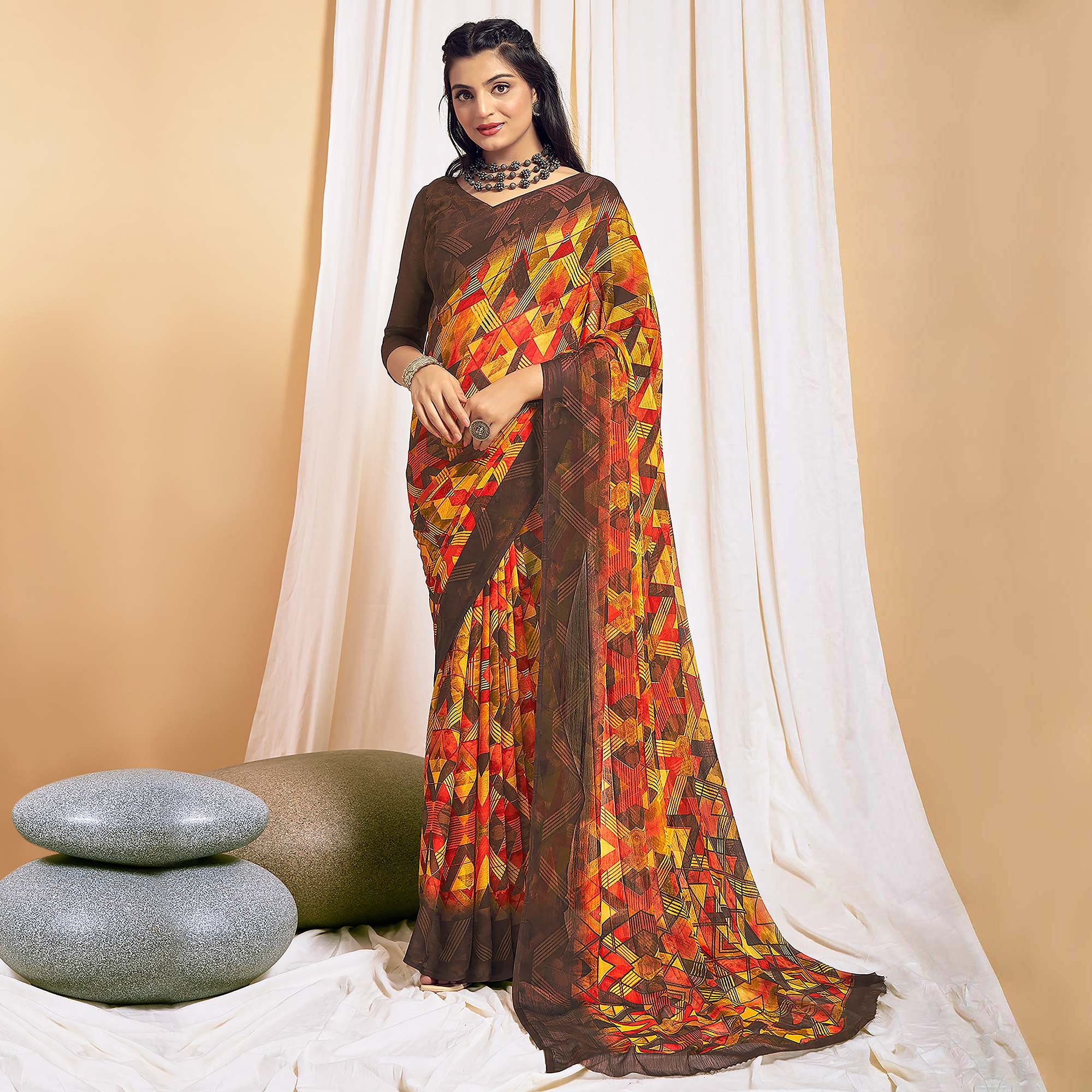 Yellow & Brown Printed Chiffon Saree