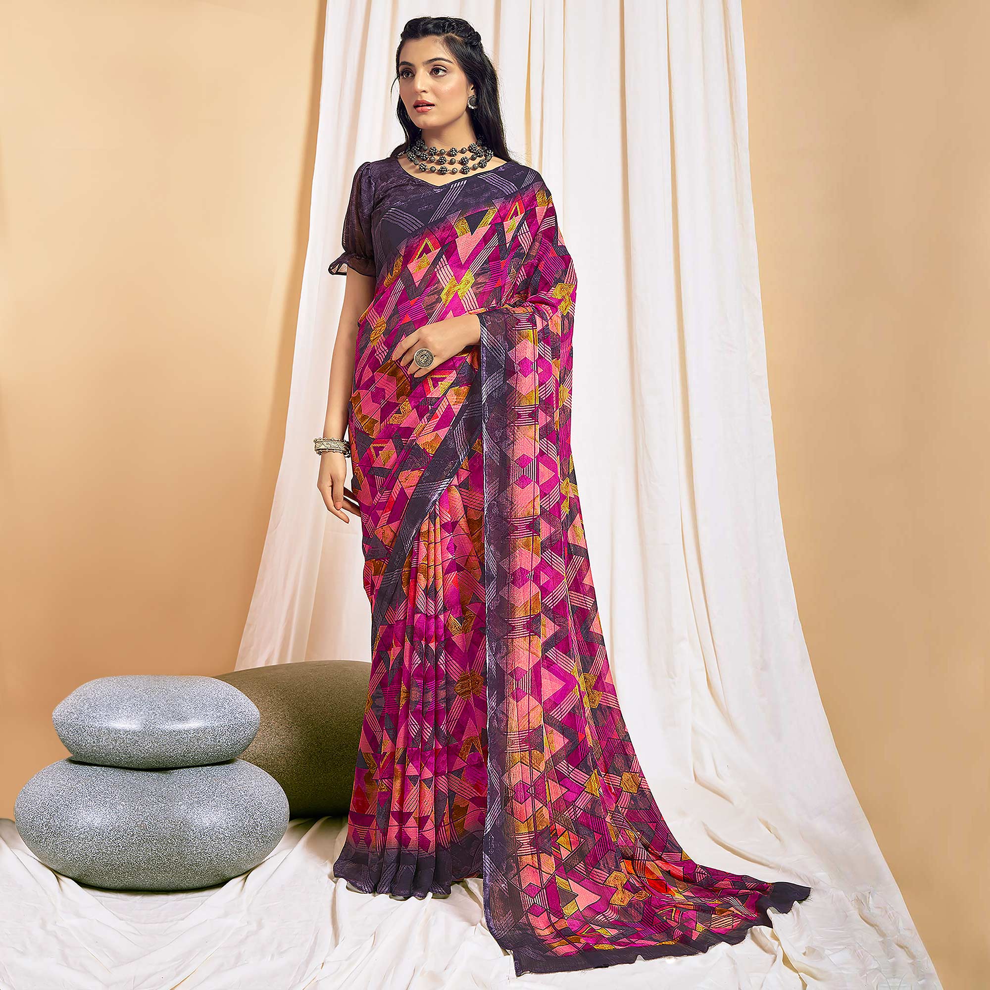 Magenta Printed Chiffon Saree