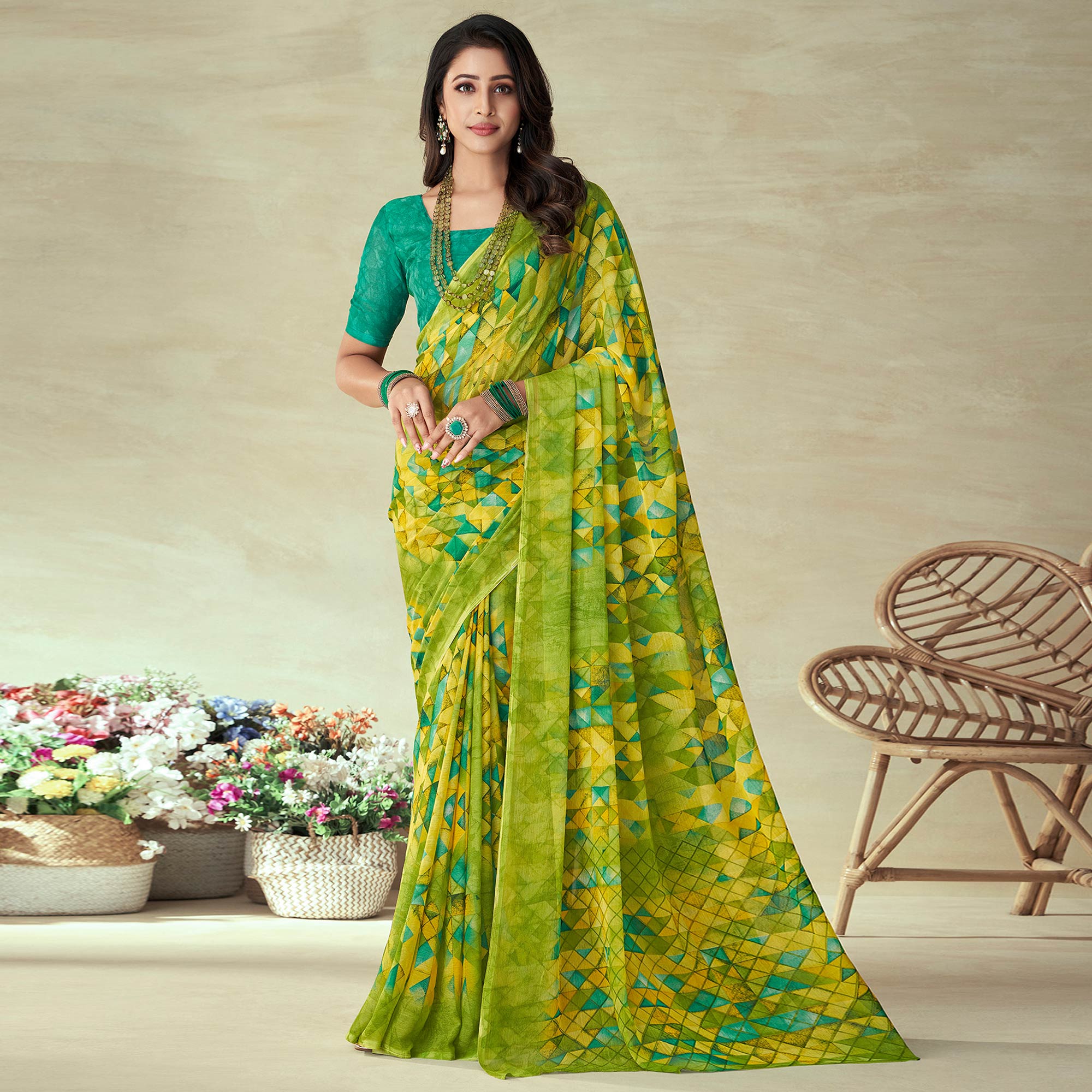 Yellow & Green Geometric Printed Chiffon Saree