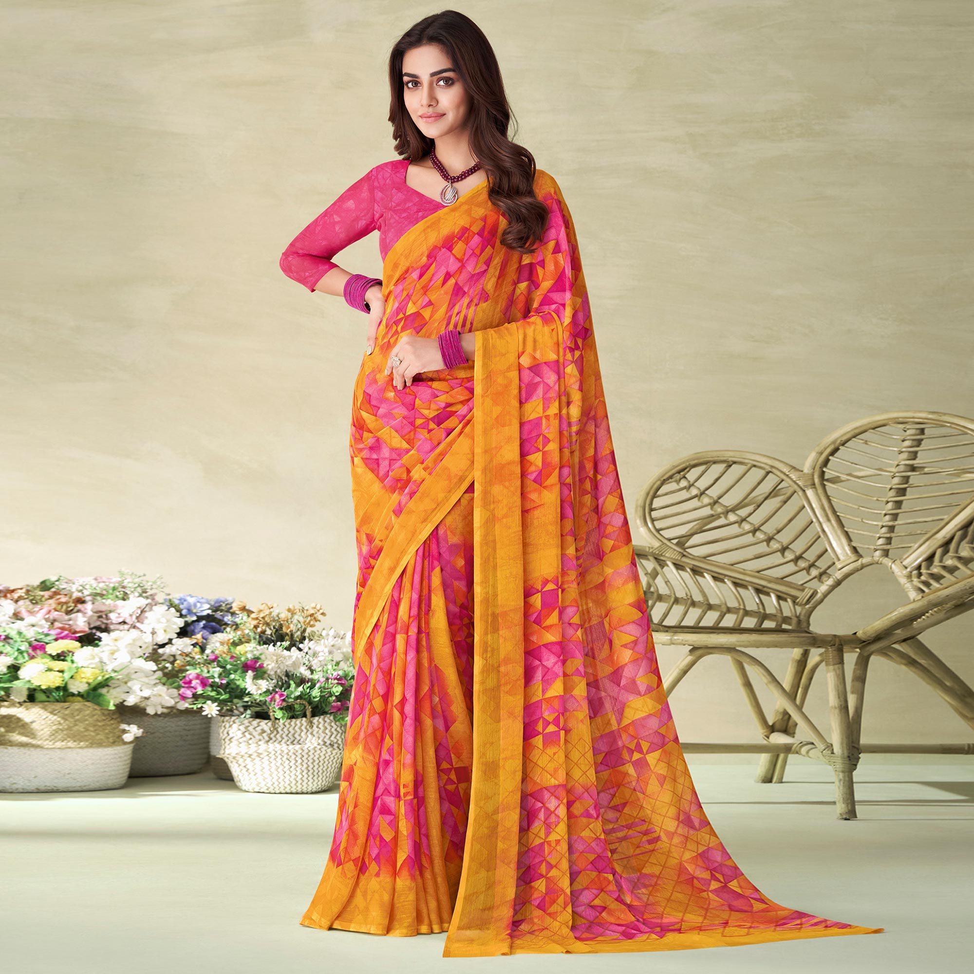 Yellow & Pink Geometric Printed Chiffon Saree