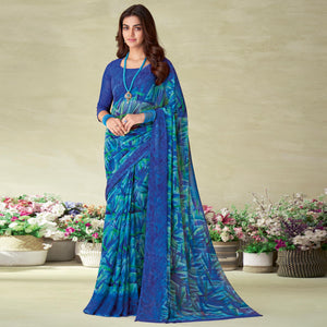 Blue Abstract Printed Chiffon Saree