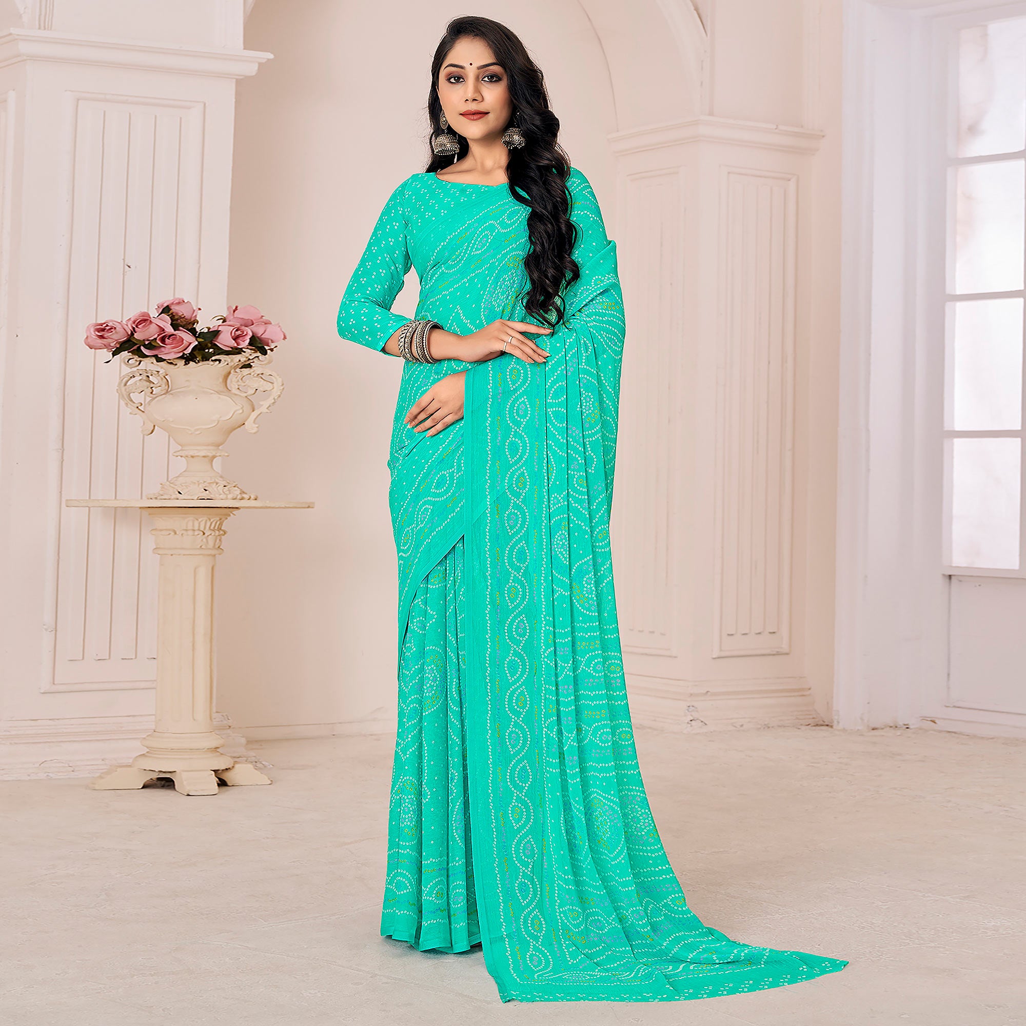 Turquoise Bandhani Printed Chiffon Saree