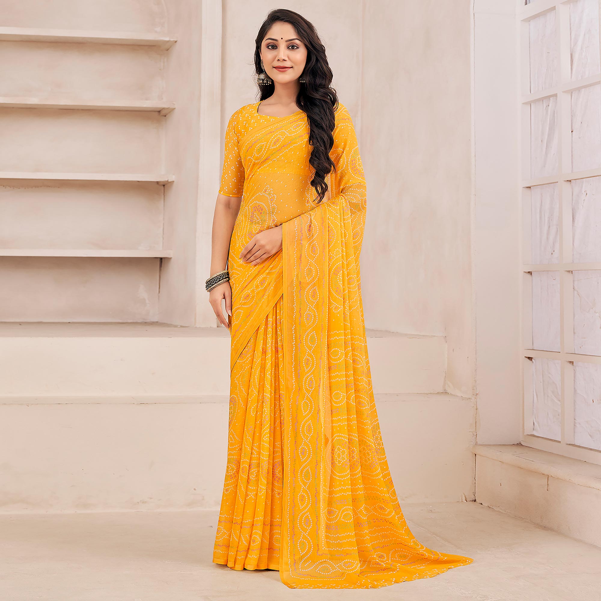 Yellow Bandhani Printed Chiffon Saree