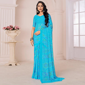 Blue Bandhani Printed Chiffon Saree