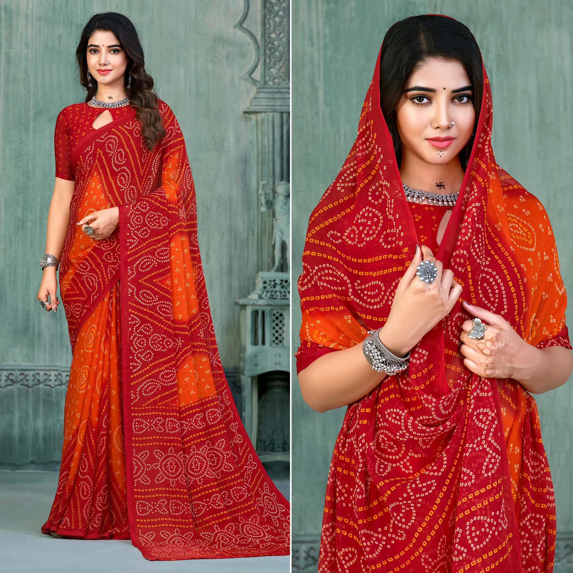 Red & Orange Bandhani Printed Chiffon Saree