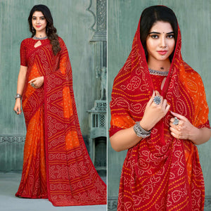 Red & Orange Bandhani Printed Chiffon Saree