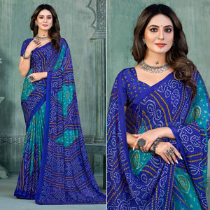 Blue & Teal Bandhani Printed Chiffon Saree