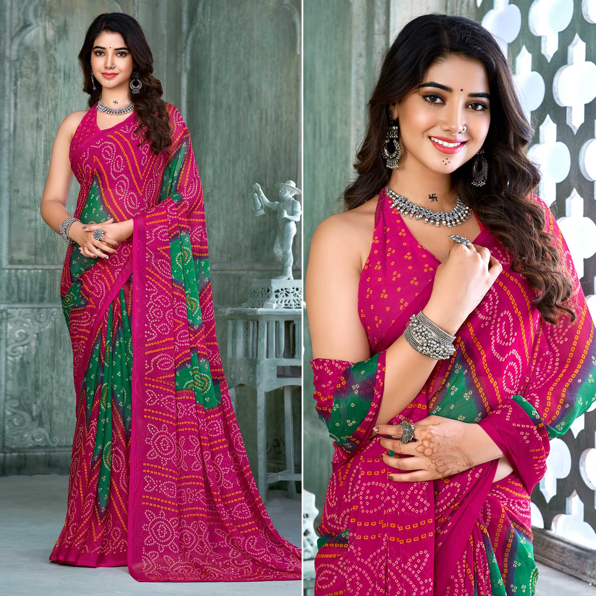 Magenta & Green Bandhani Printed Chiffon Saree