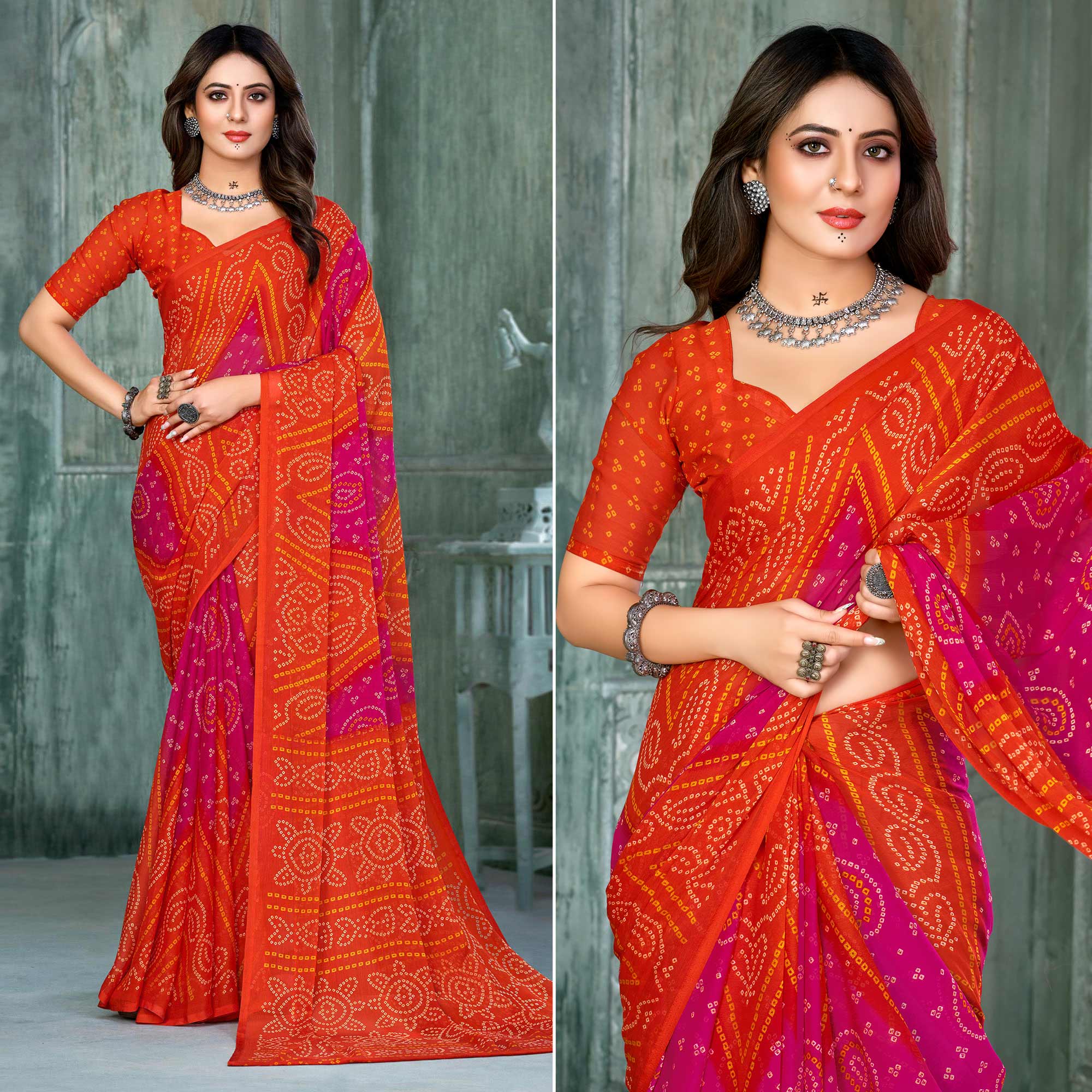 Orange & Magenta Bandhani Printed Chiffon Saree