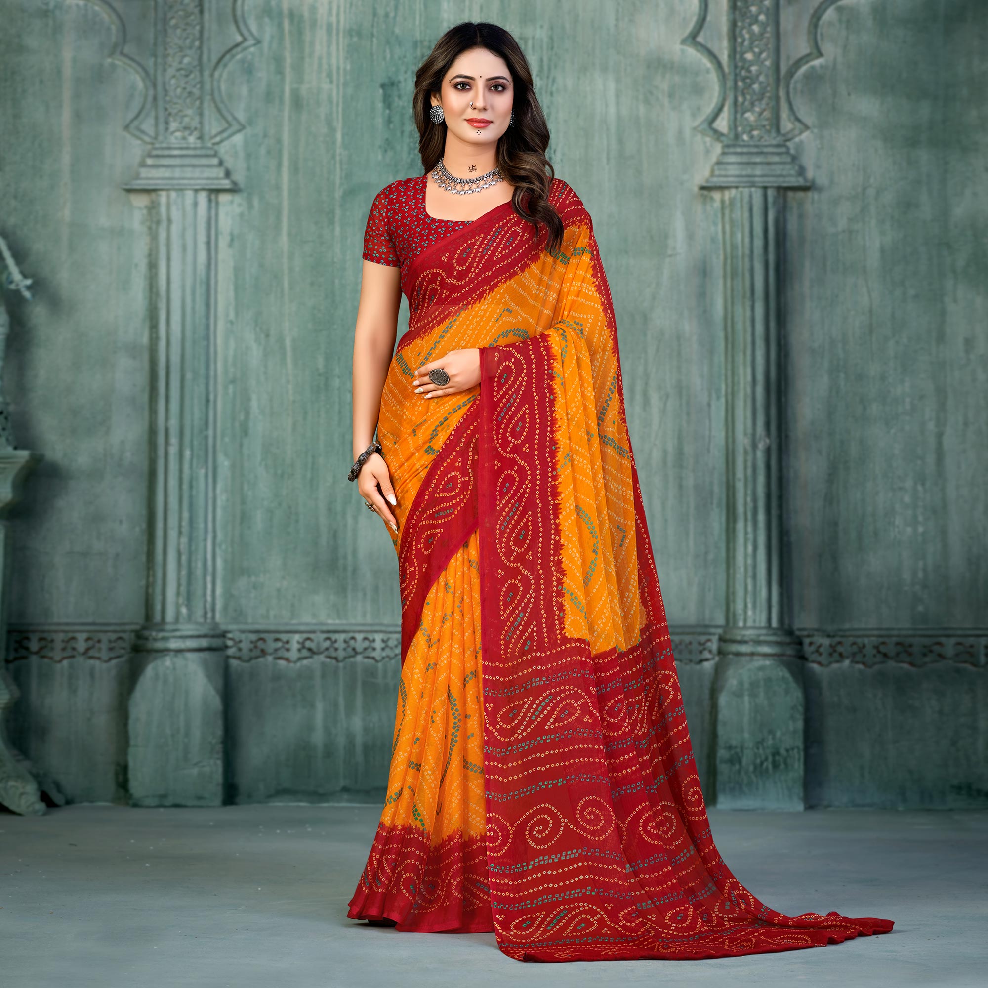 Yellow & Red Bandhani Printed Chiffon Saree