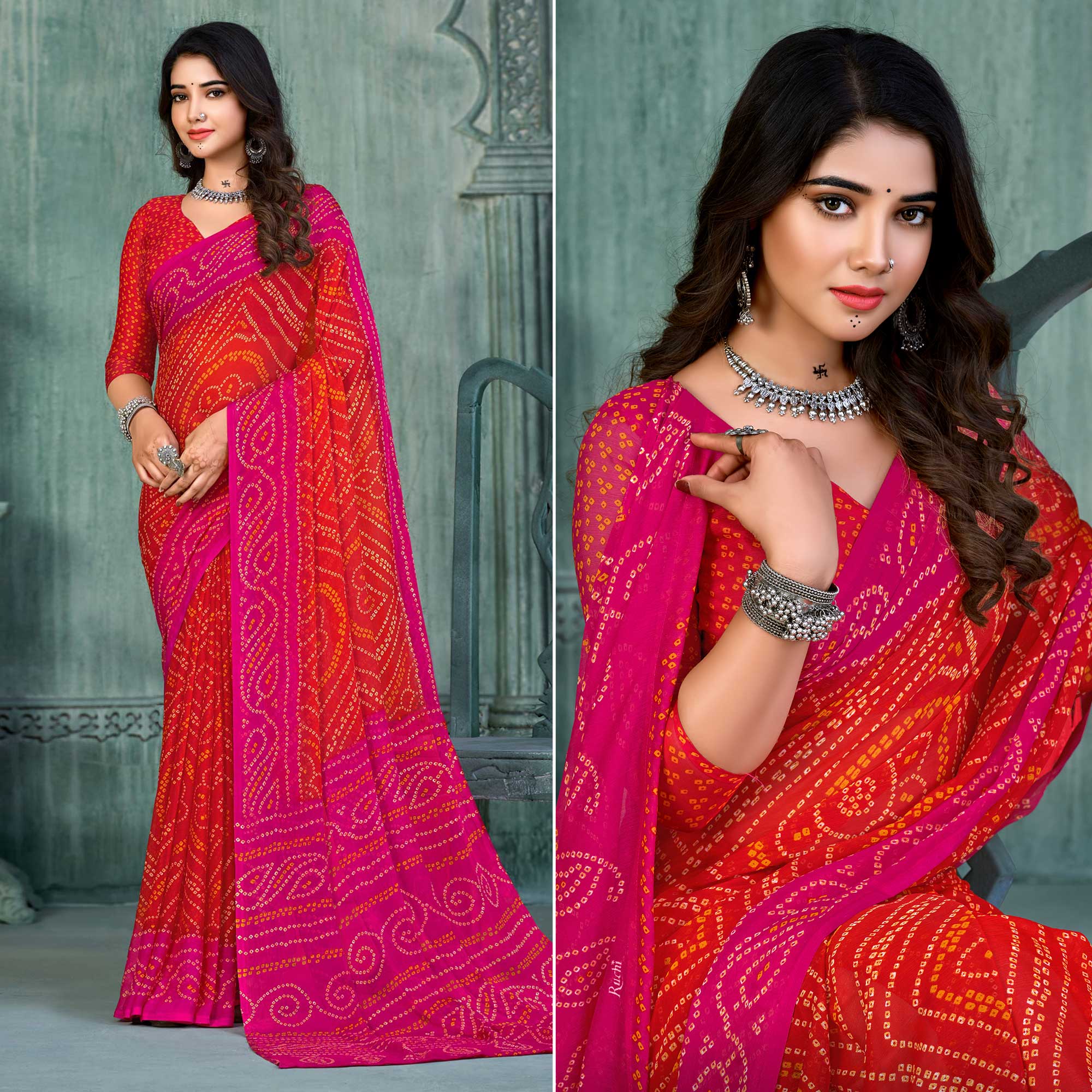 Red & Rani pink Bandhani Printed Chiffon Saree