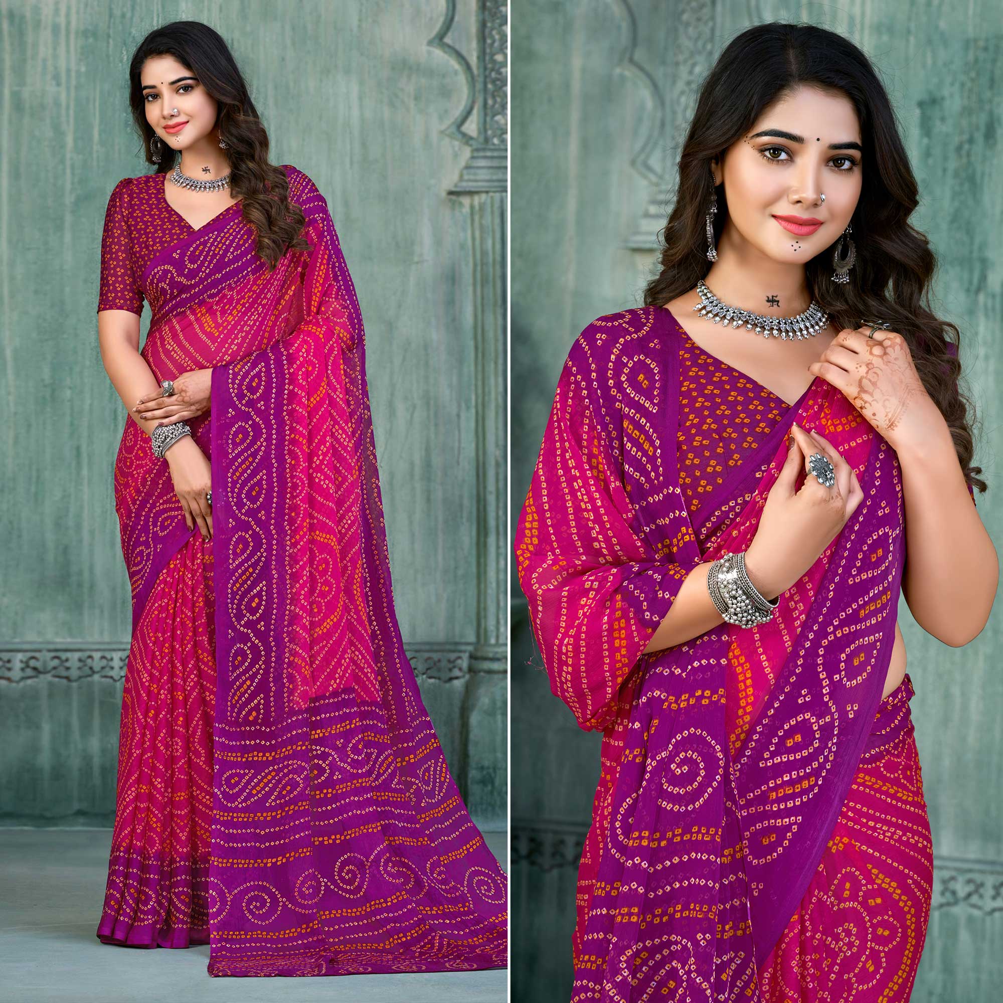 Magenta & Purple Bandhani Printed Chiffon Saree