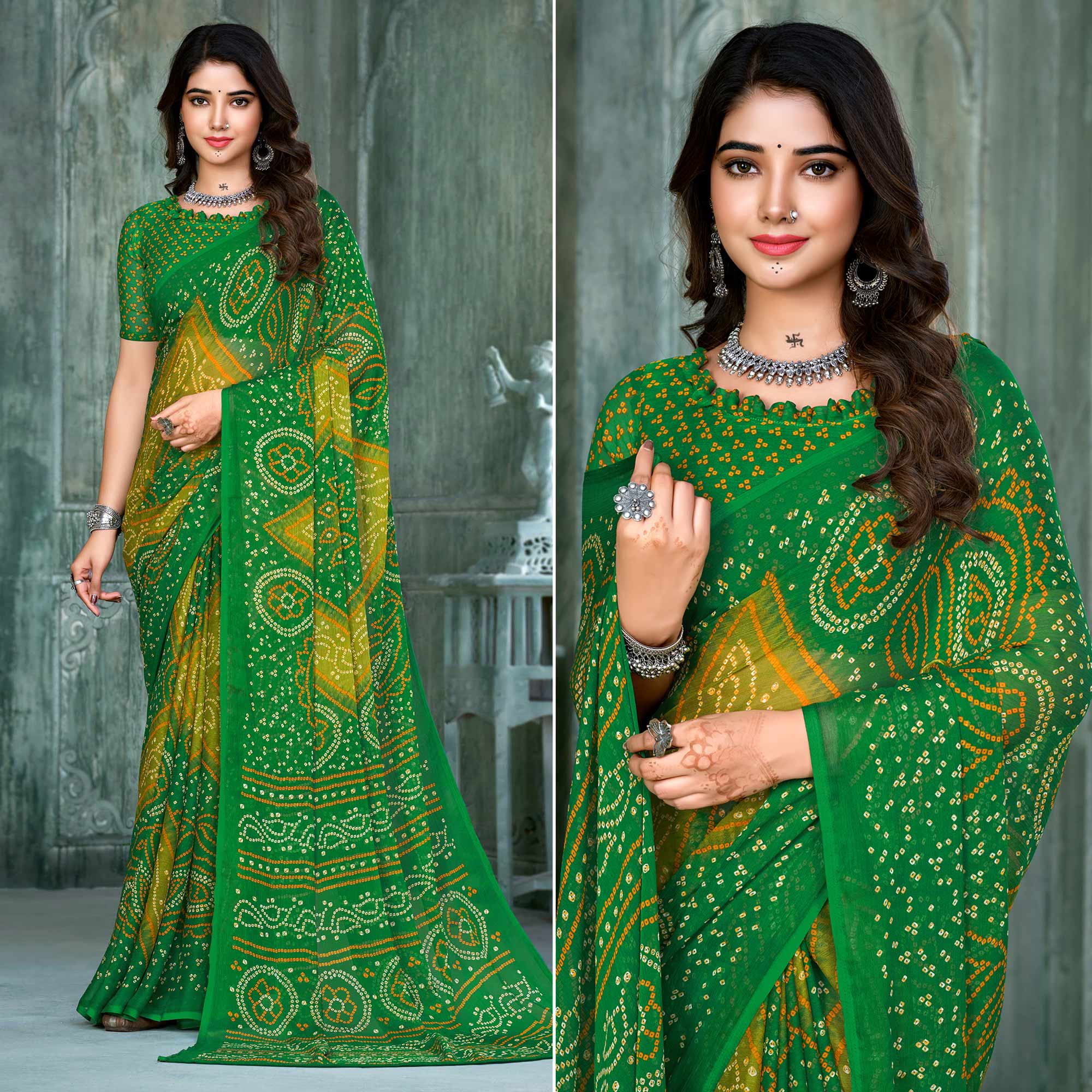 Green & Lemon Yellow Bandhani Printed Chiffon Saree