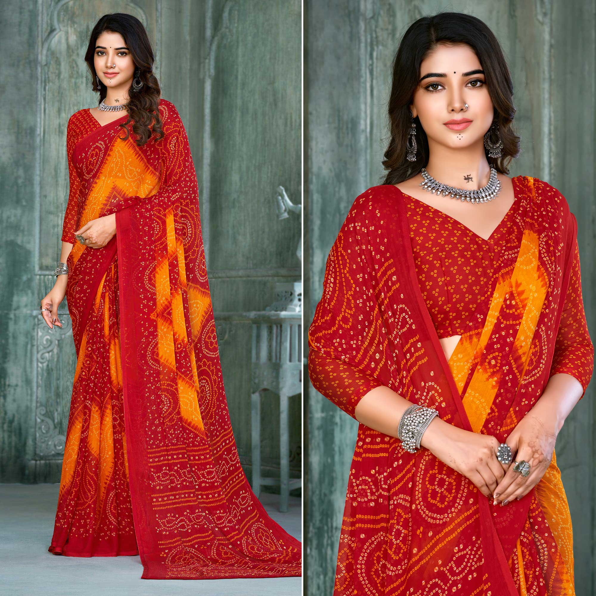 Red & Yellow Bandhani Printed Chiffon Saree