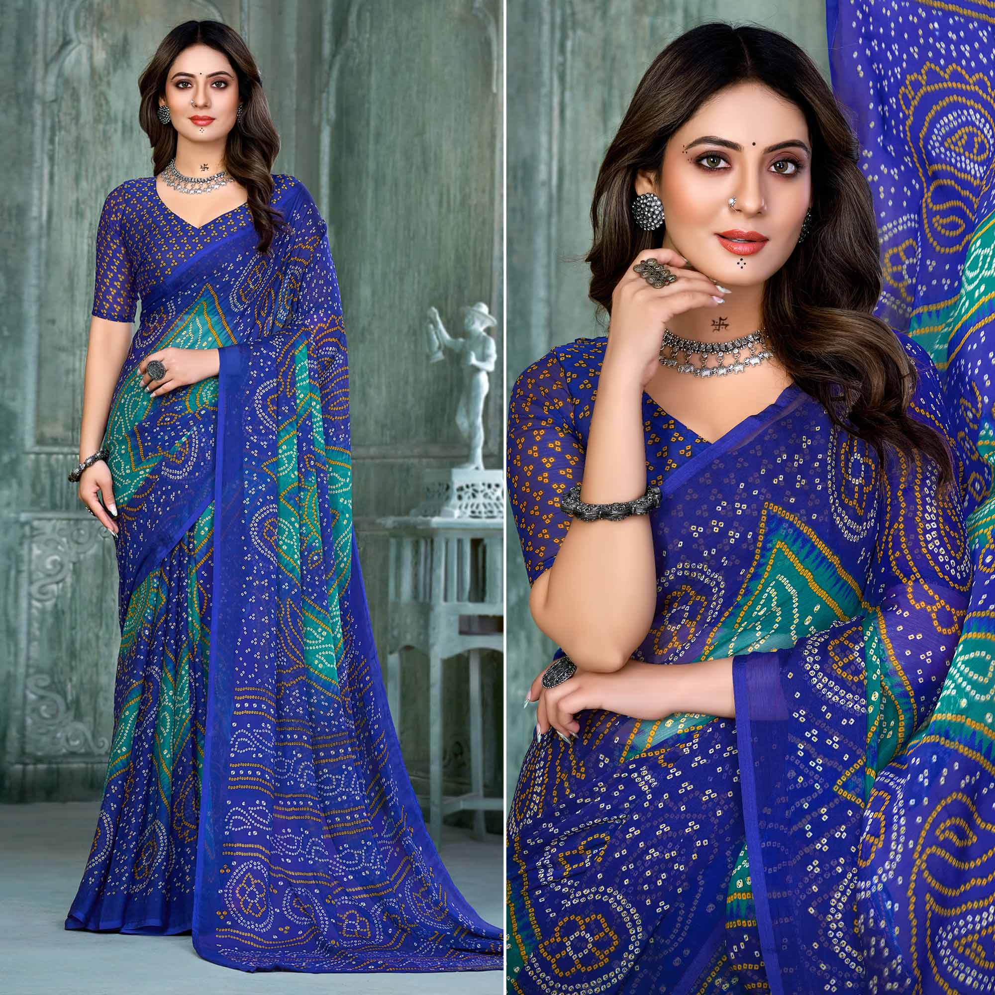 Blue & Teal Bandhani Printed Chiffon Saree