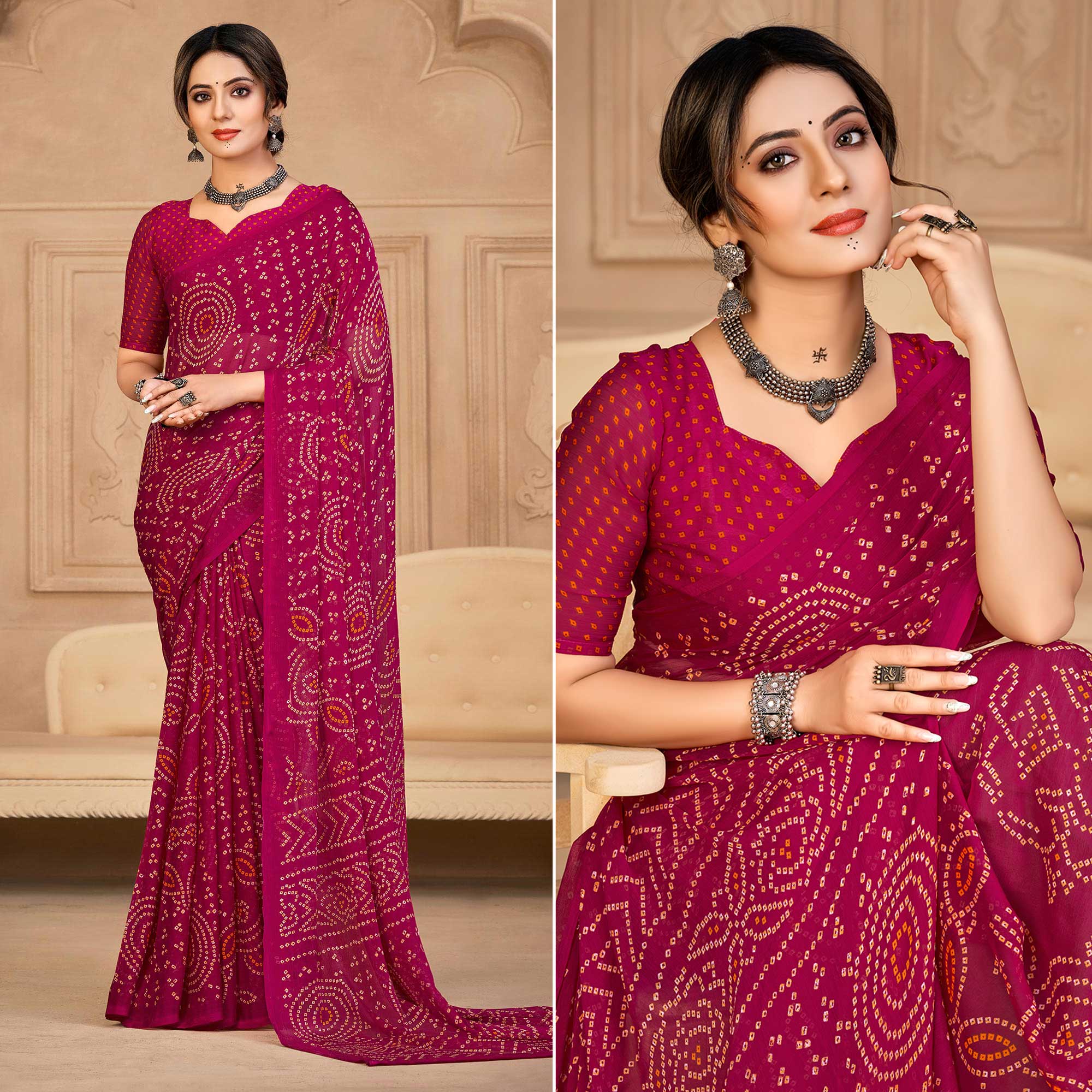 Magenta Bandhani Printed Chiffon Saree