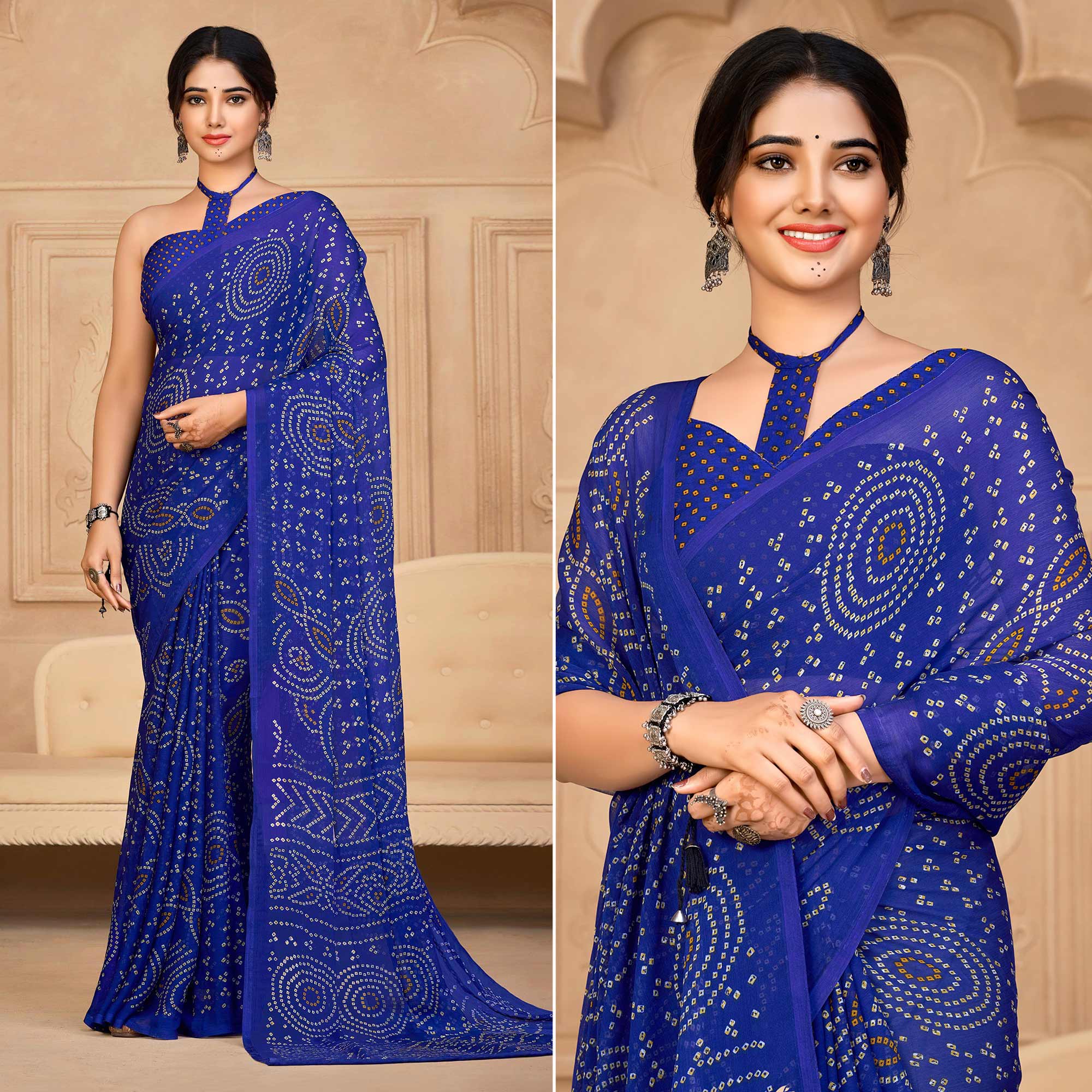 Blue Bandhani Printed Chiffon Saree