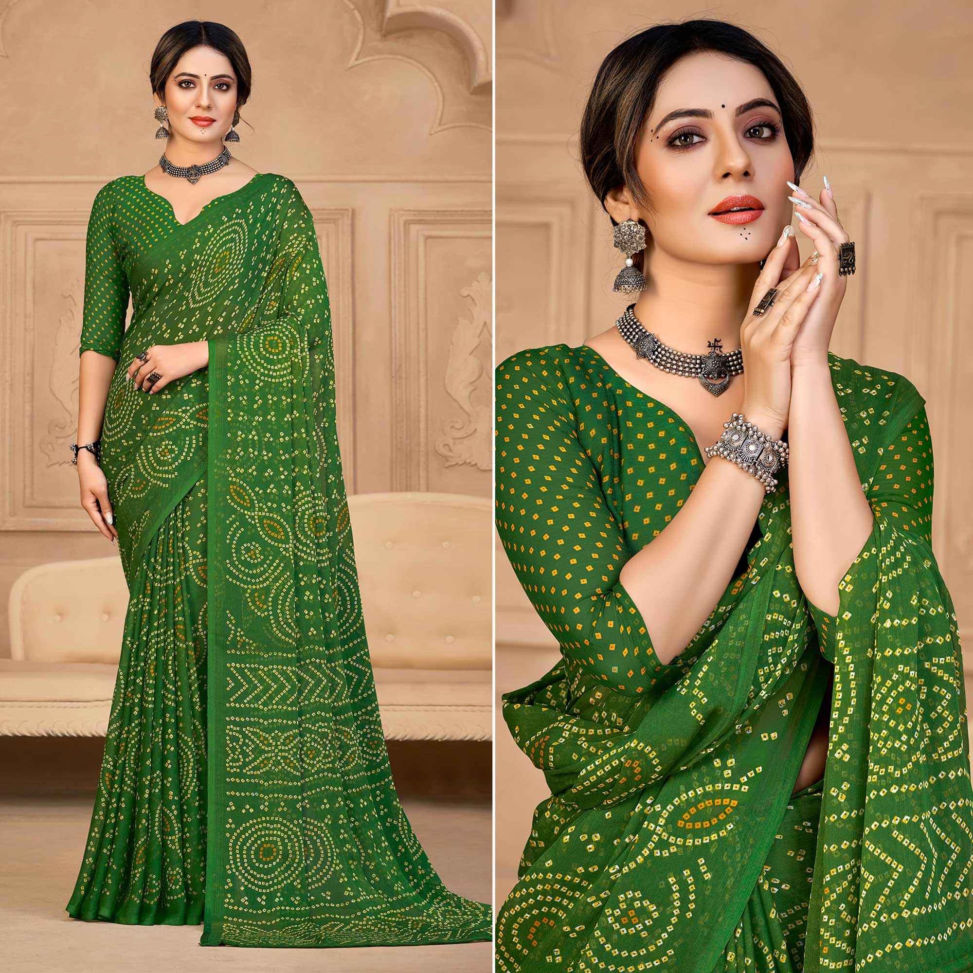 Green Bandhani Printed Chiffon Saree