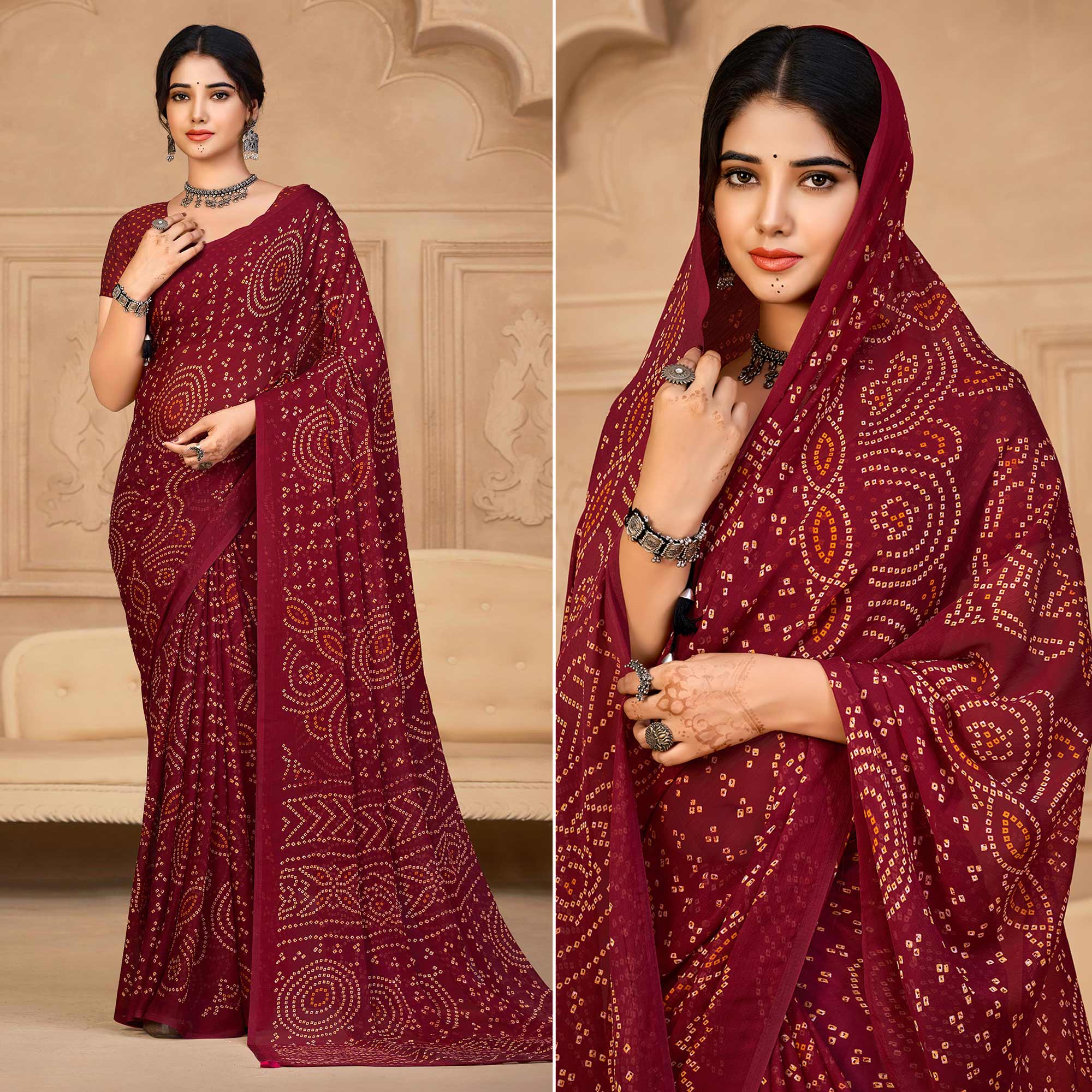 Maroon Bandhani Printed Chiffon Saree