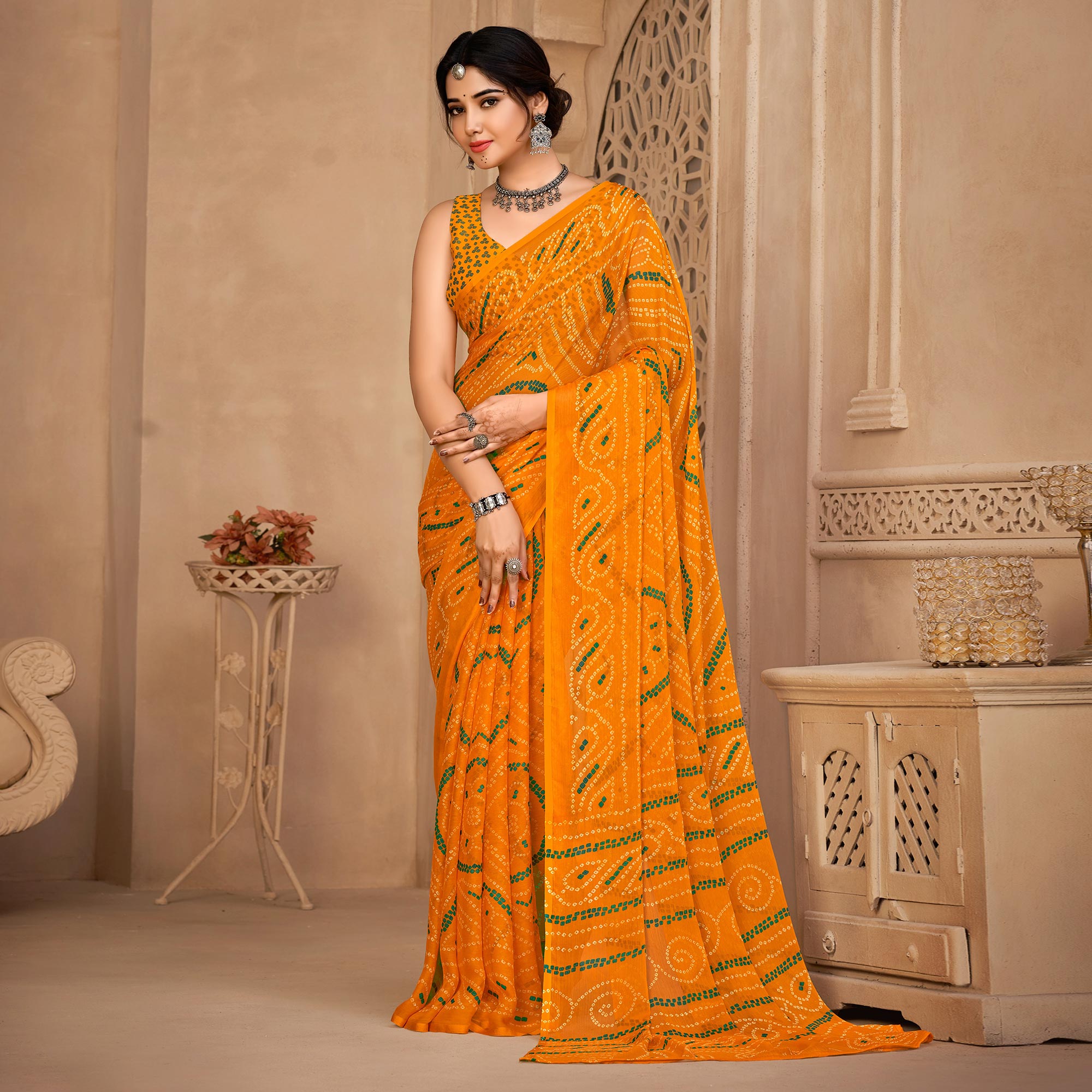 Yellow Bandhani Printed Chiffon Saree