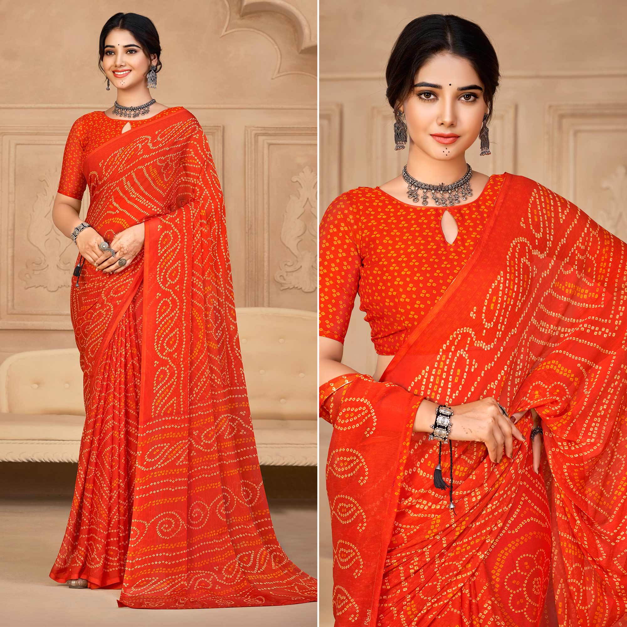 Orange Bandhani Printed Chiffon Saree