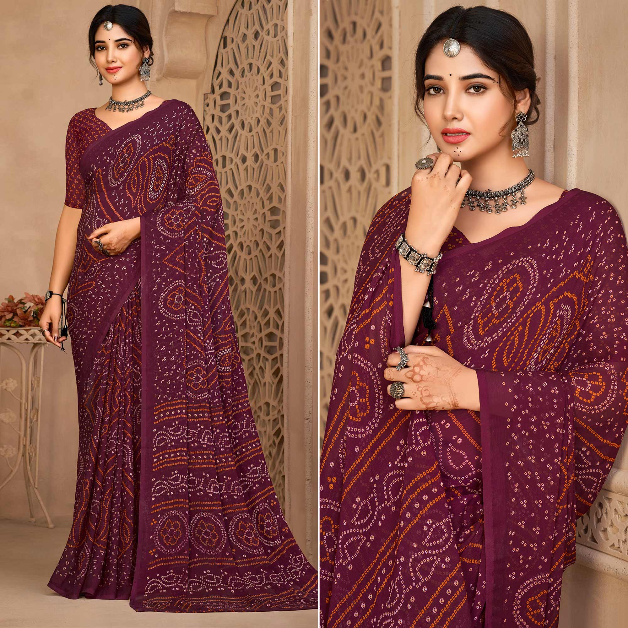 Wine Bandhani Printed Chiffon Saree