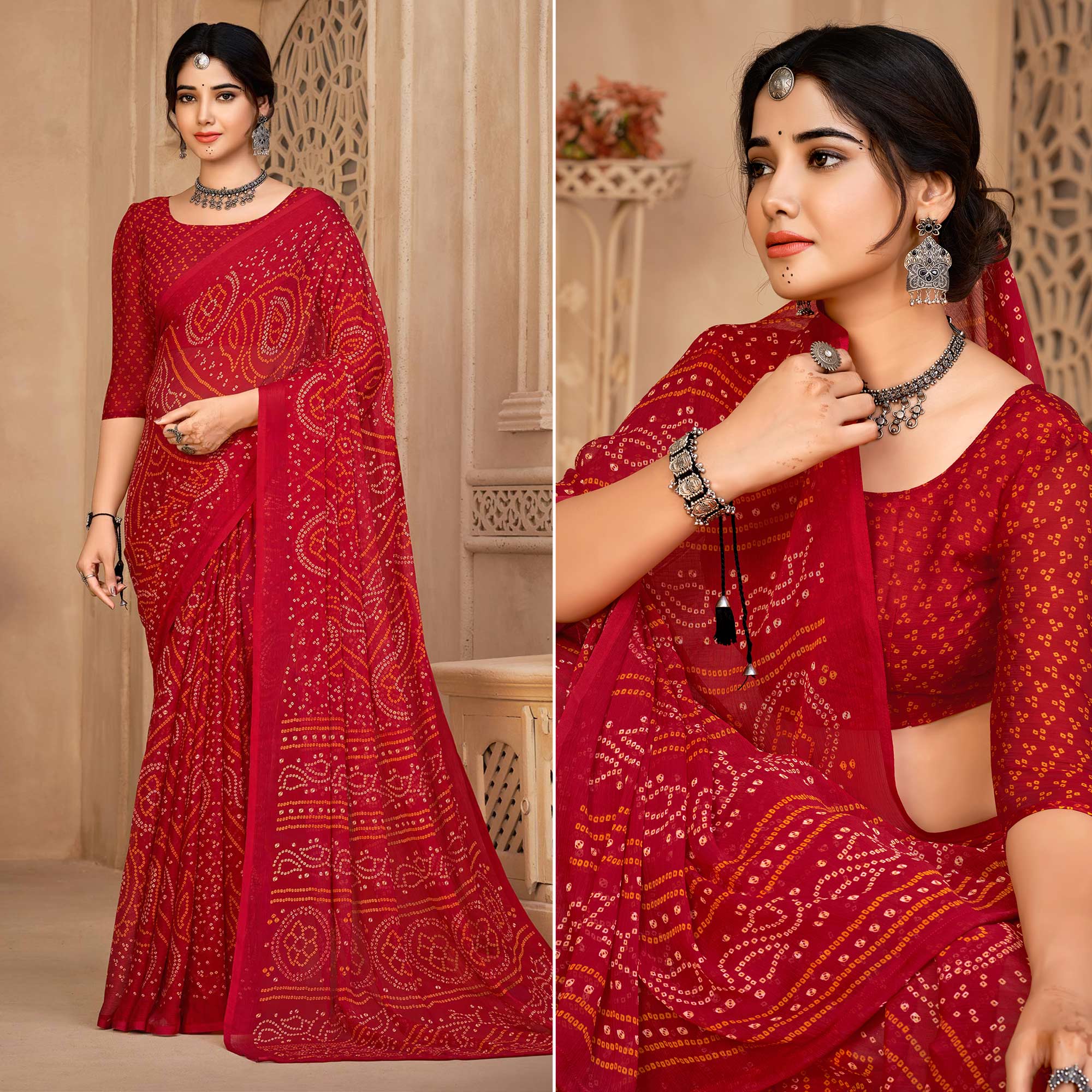 Red Bandhani Printed Chiffon Saree