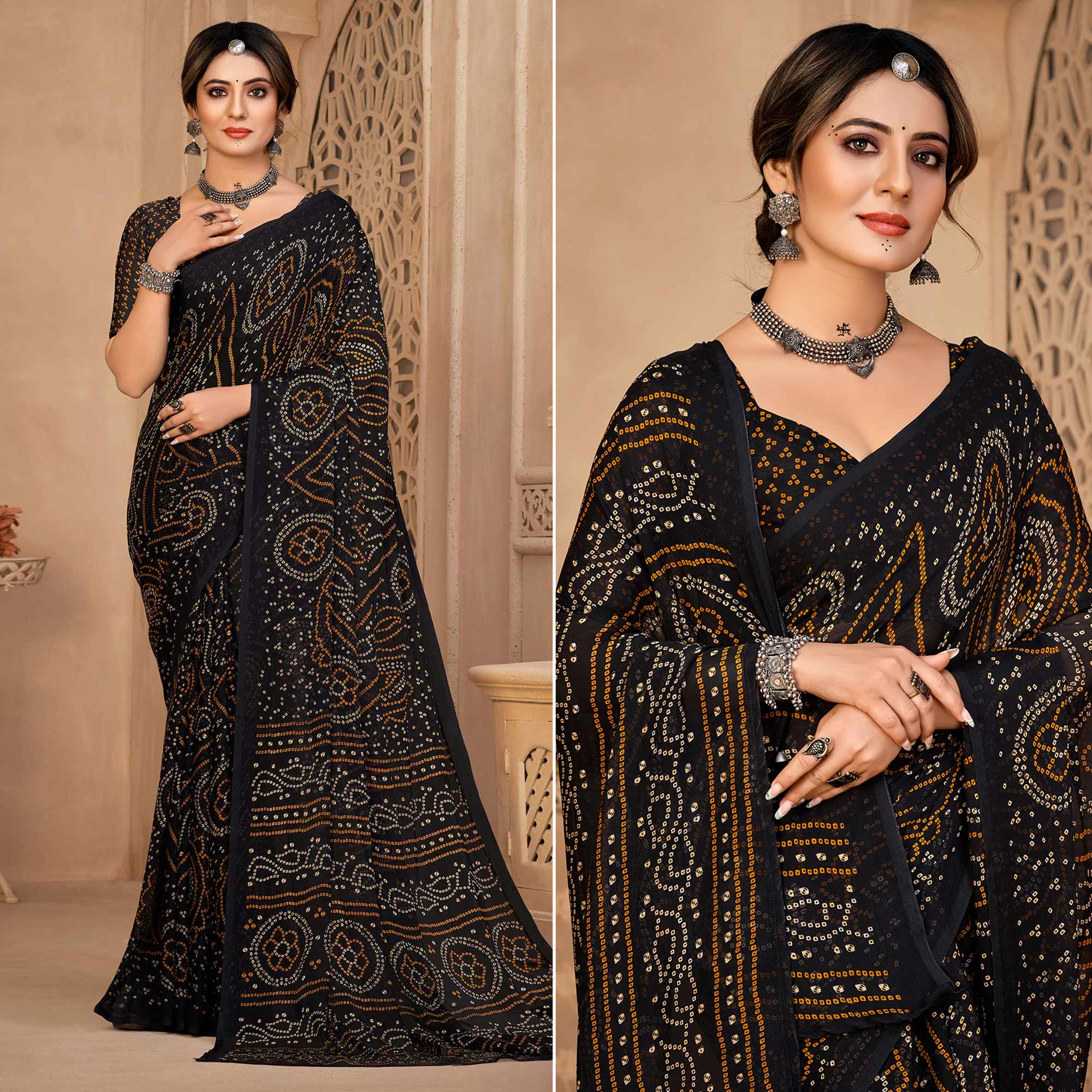 Black Bandhani Printed Chiffon Saree