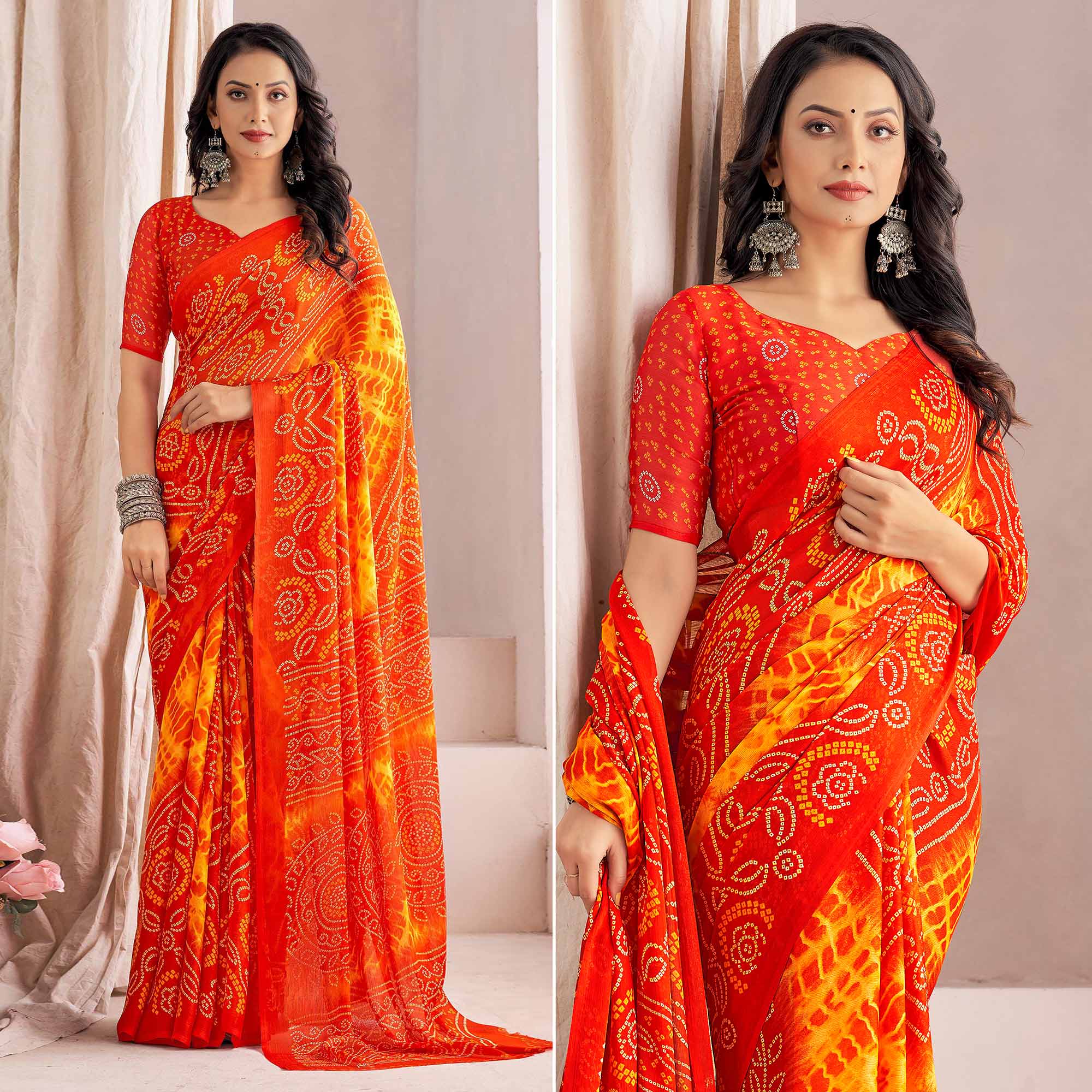 Orange Bandhani Printed Chiffon Saree