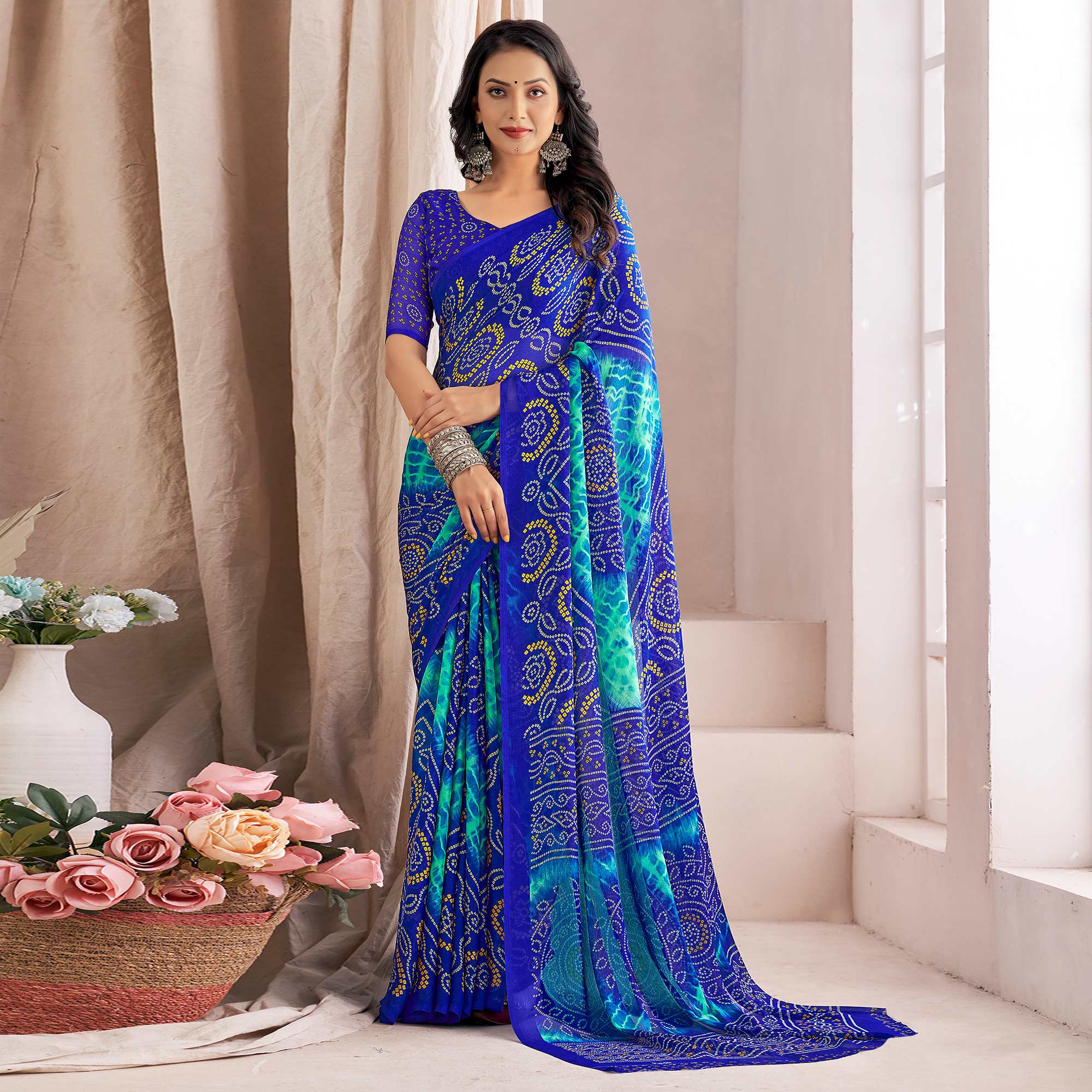 Royal Blue Bandhani Printed Chiffon Saree