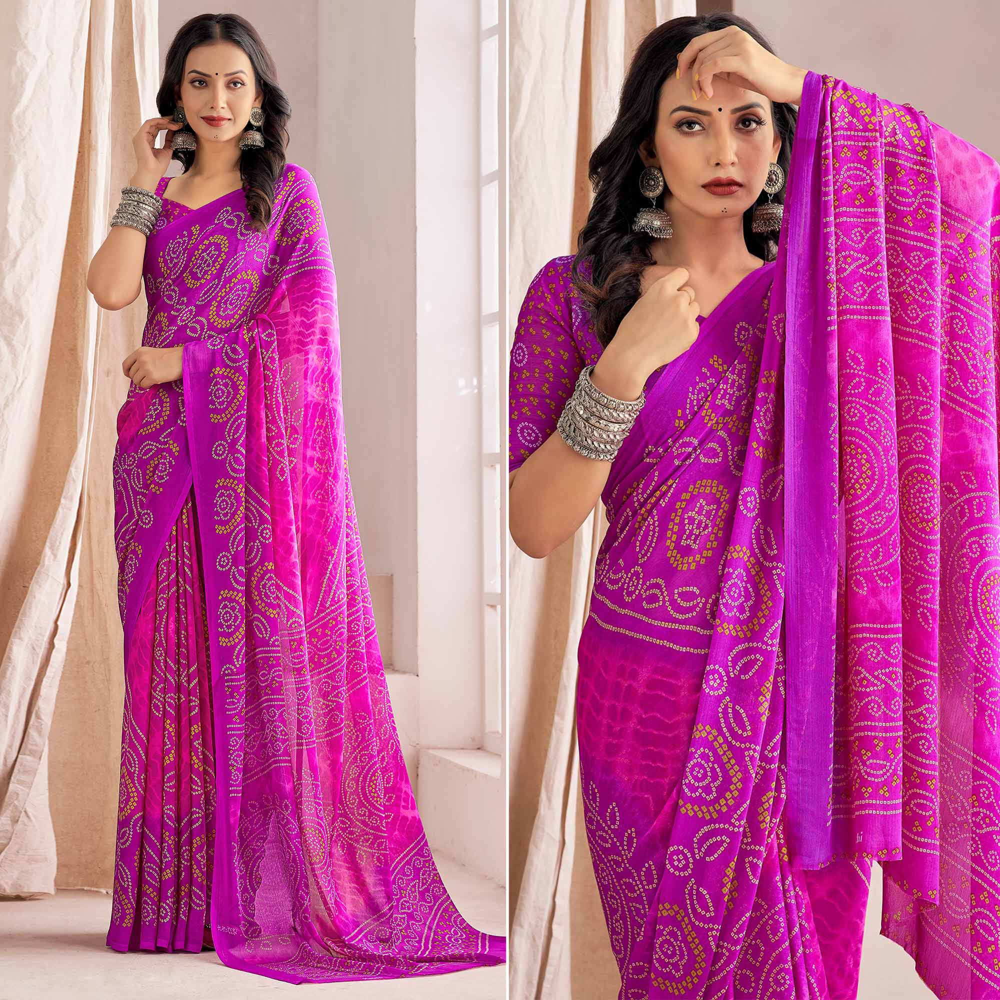 Purple Bandhani Printed Chiffon Saree