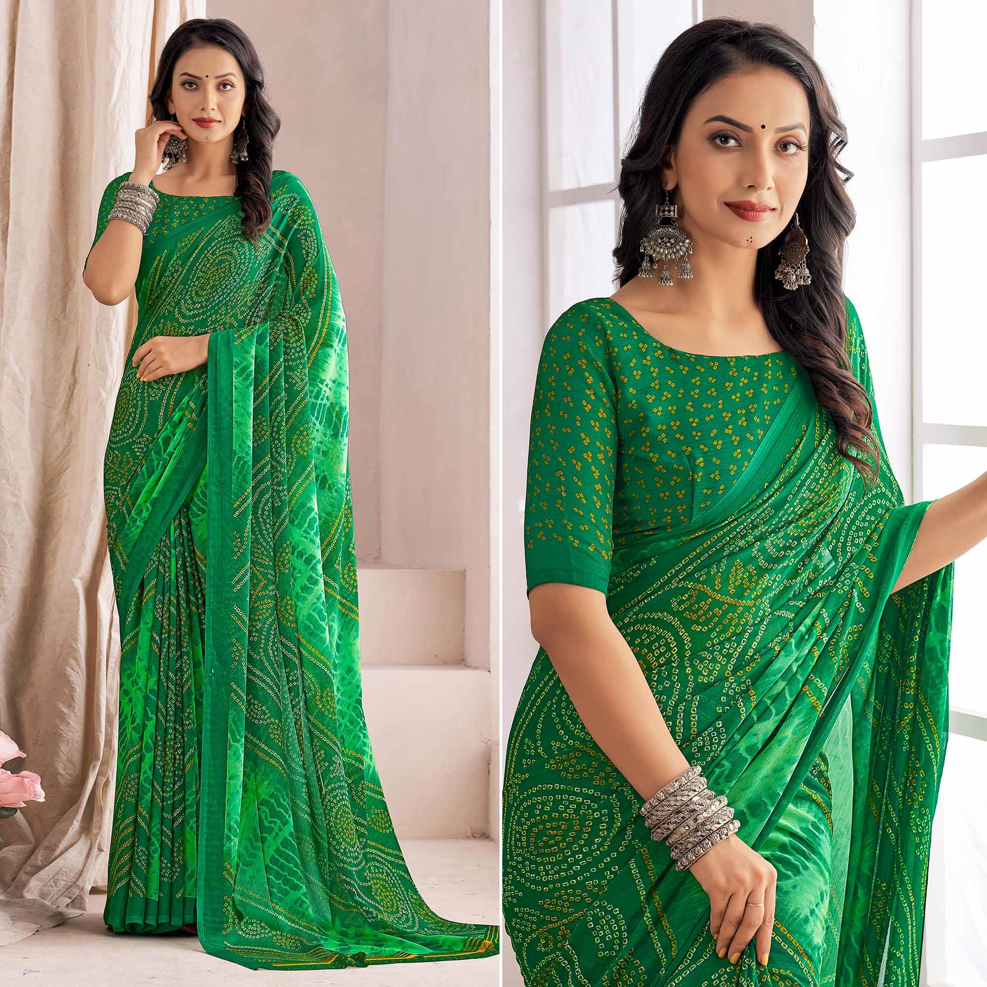 Green Bandhani Printed Chiffon Saree