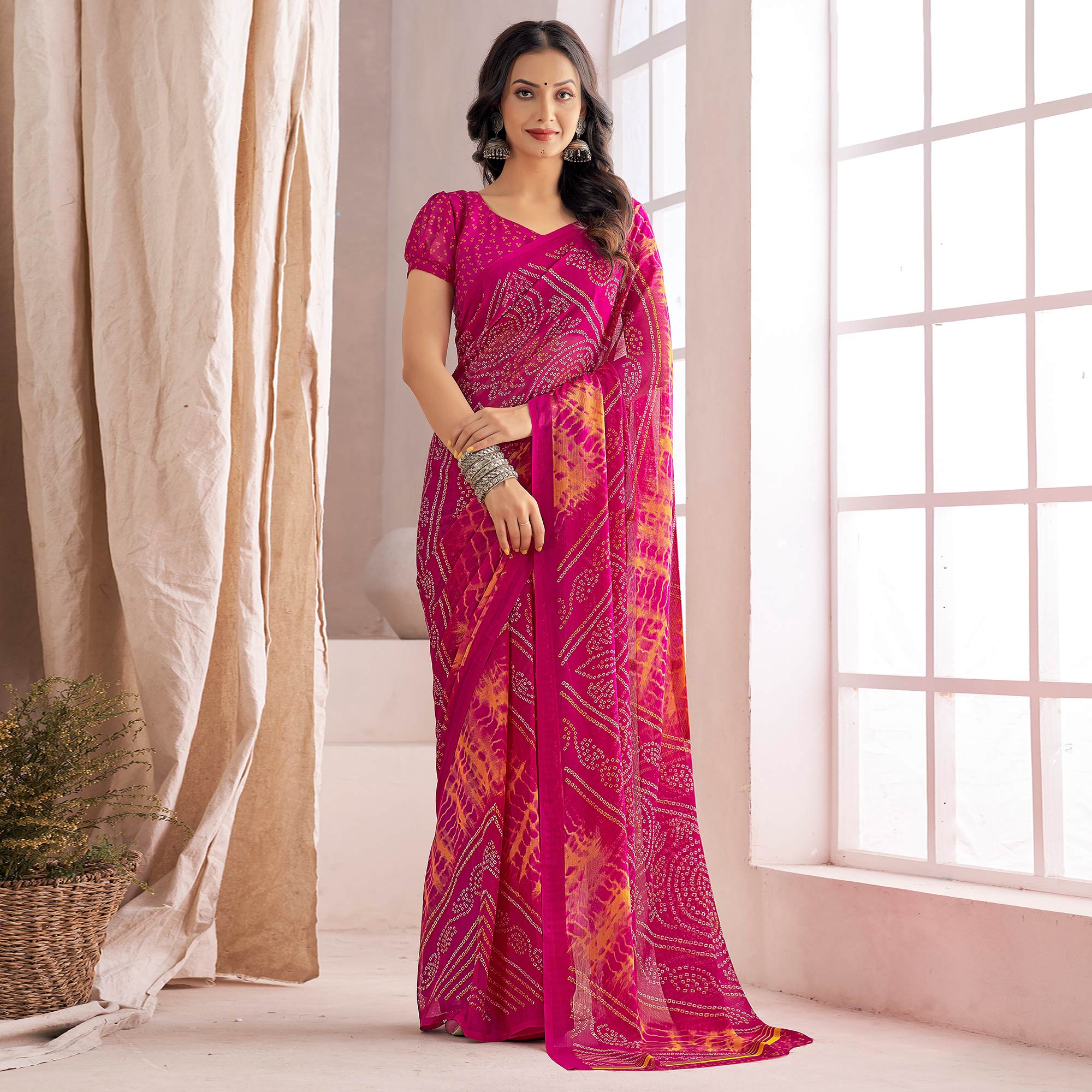 Rani pink Bandhani Printed Chiffon Saree